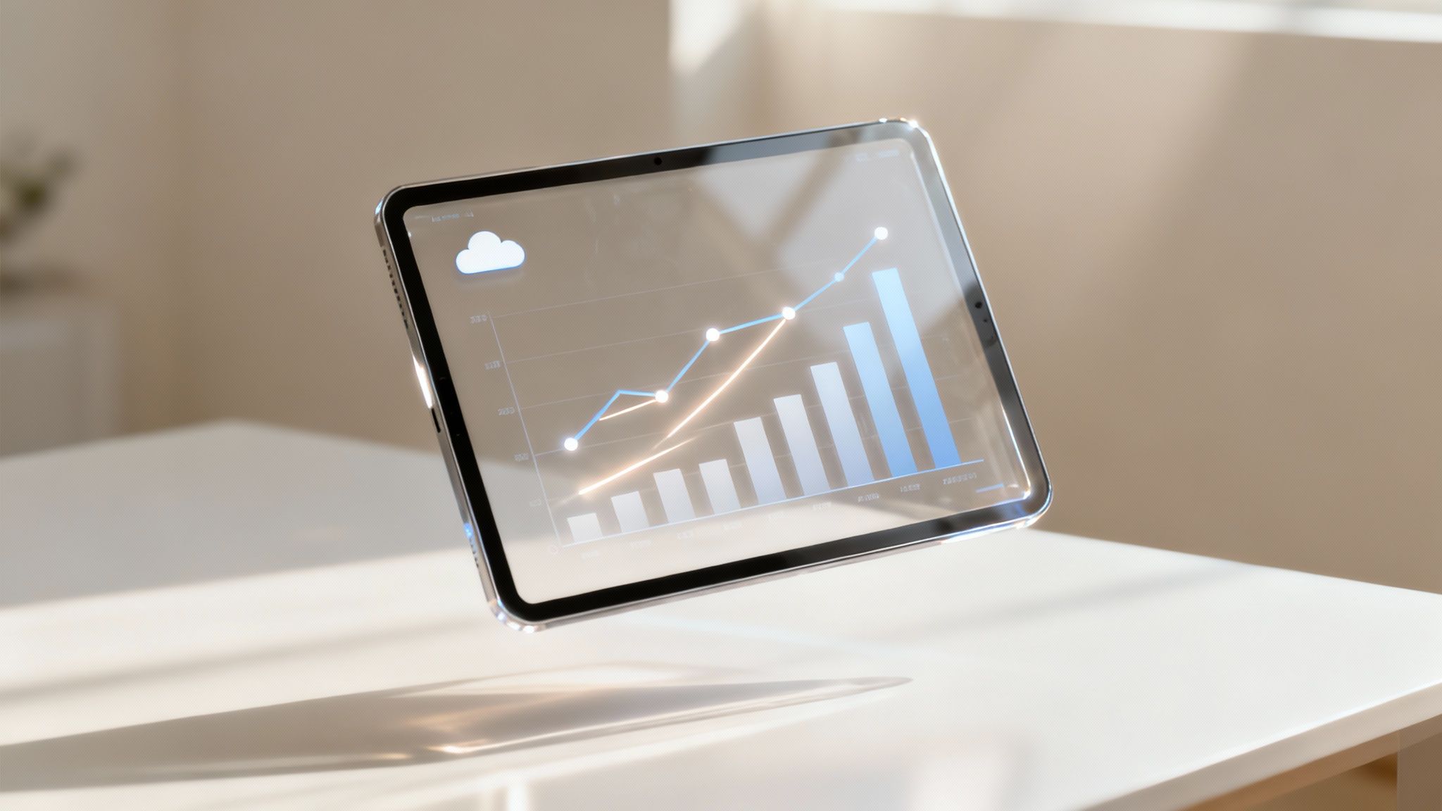 A futuristic tablet displays a holographic business graph with a rising trend and a cloud icon.