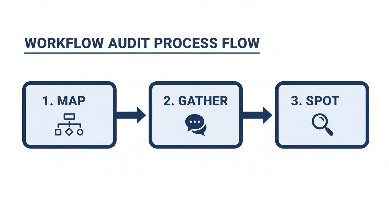 A workflow audit process flow diagram showing three steps: Map, Gather, and Spot, connected by arrows.