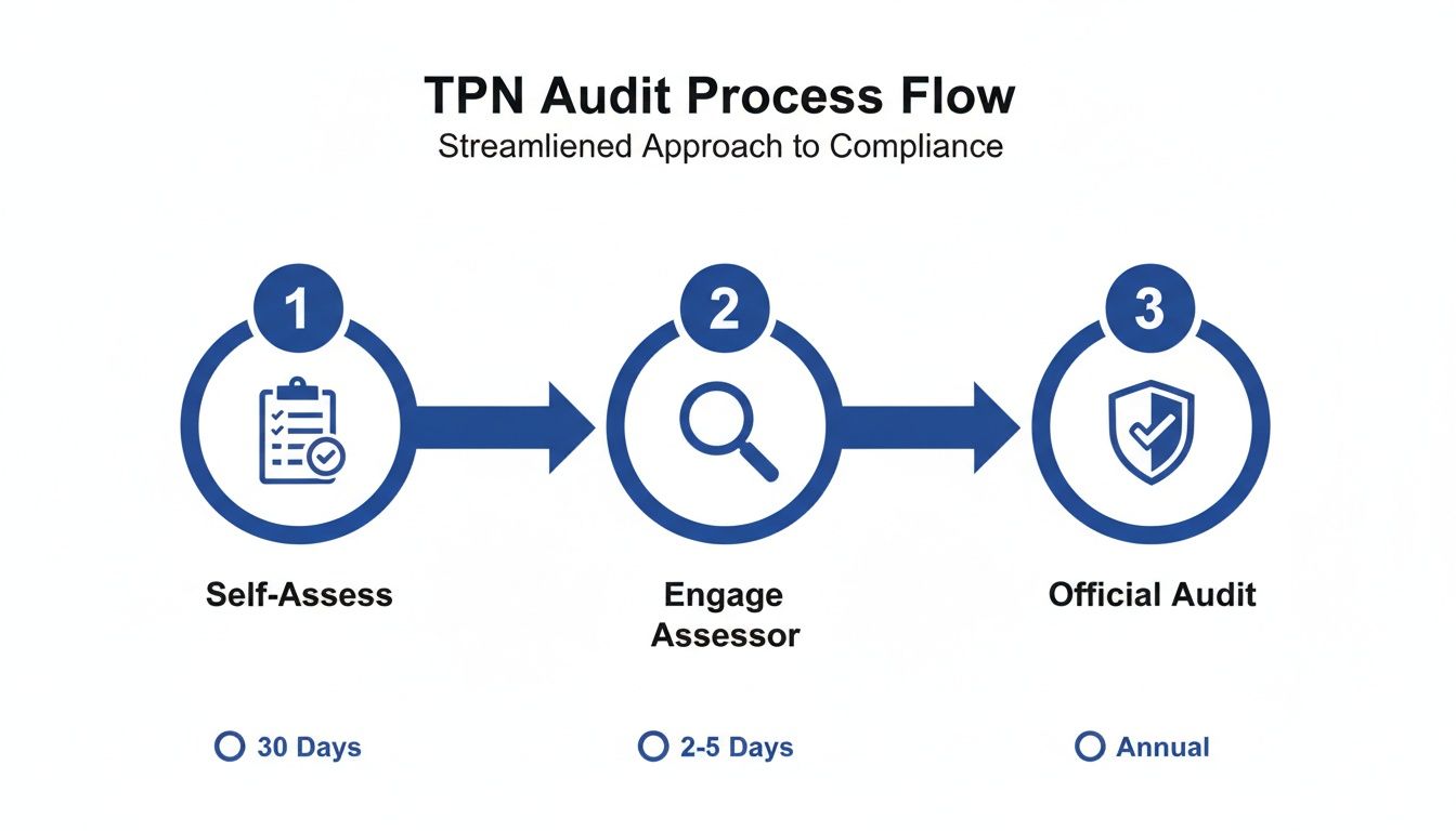 TPN Audit Process Flow diagram illustrating three steps: Self-Assess, Engage Assessor, and Official Audit with timeframes.