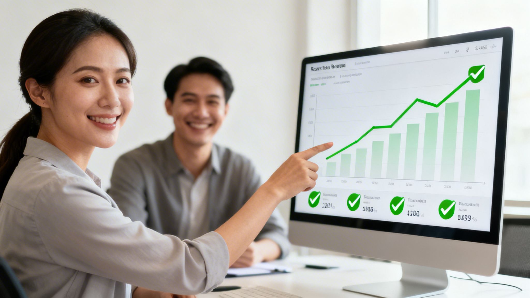 A smiling woman points to a computer screen showing a successful green upward trending graph with a man in the background.