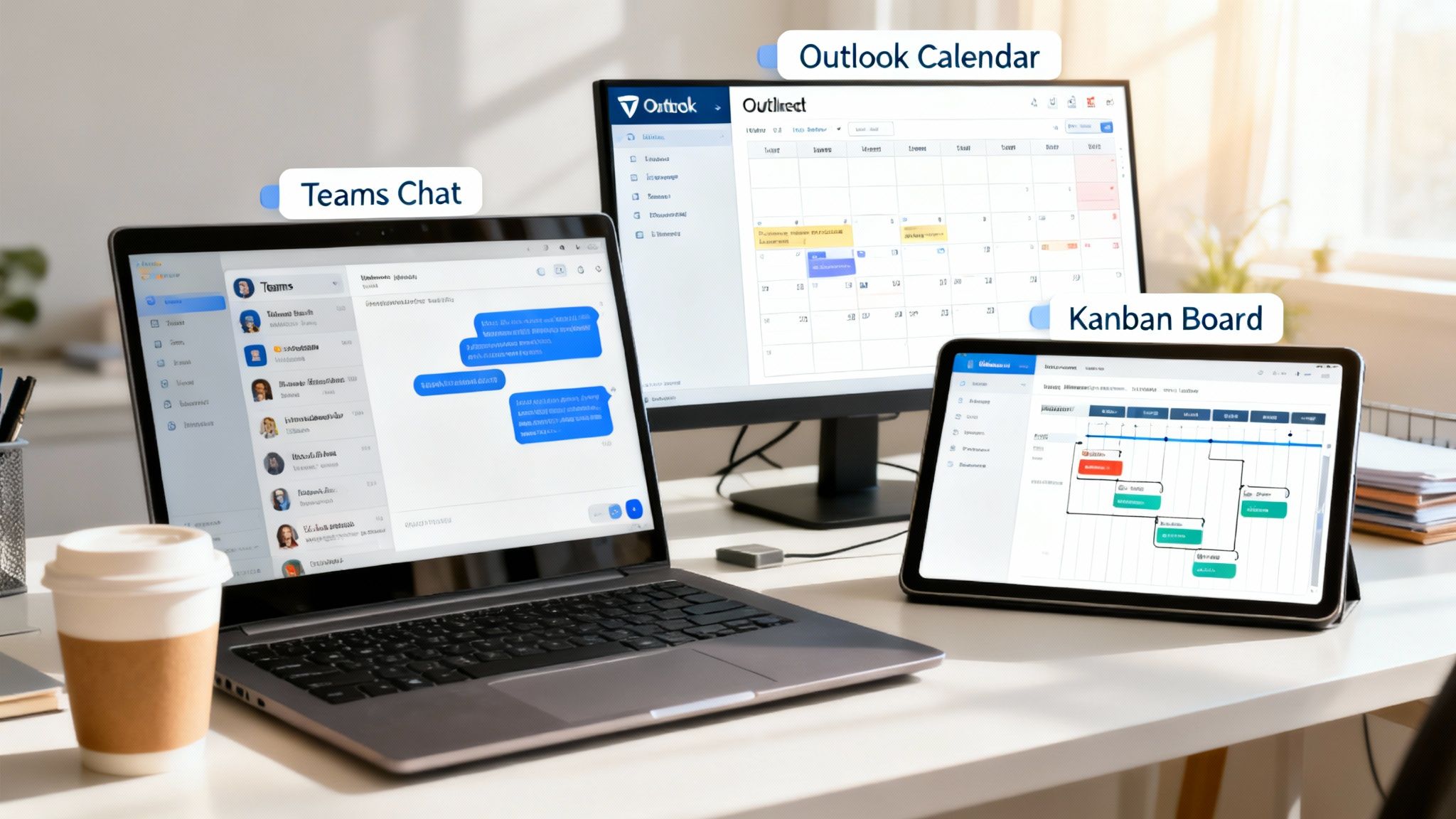 A bright office desk with laptop, monitor, and tablet displaying Microsoft 365 apps like Teams, Outlook, and a Kanban board.