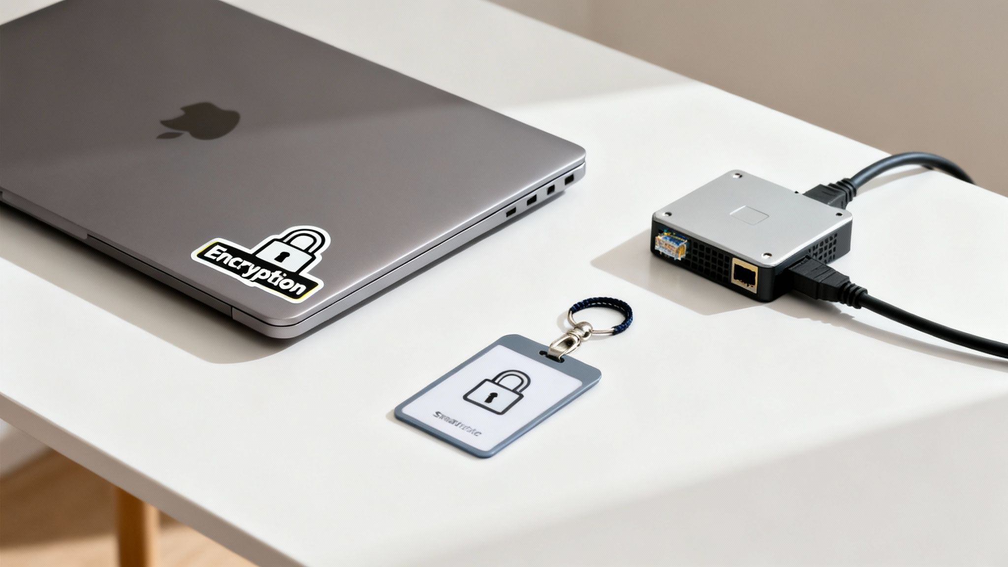 A gray laptop with an 'Encryption' sticker, a security key, and a network device on a white desk.