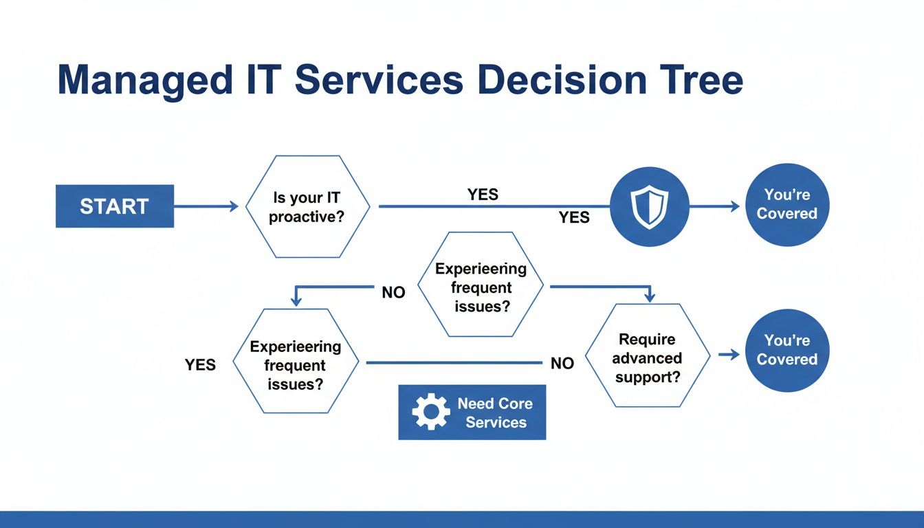 Decision tree flowchart for Managed IT Services, guiding users through IT proactiveness, issues, and support.