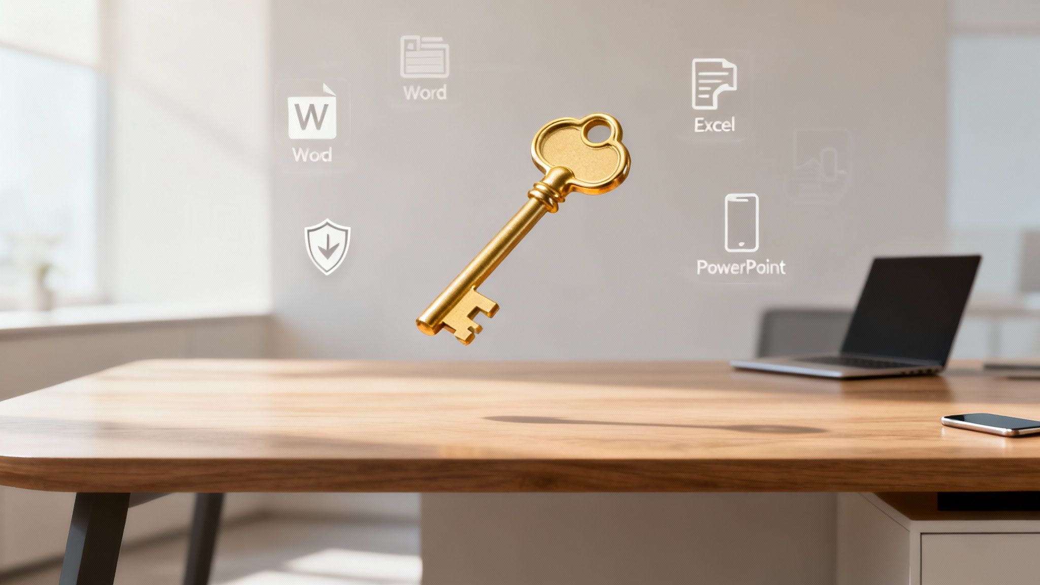 Golden key floating above a desk with a laptop, surrounded by icons for Word, Excel, and PowerPoint files.