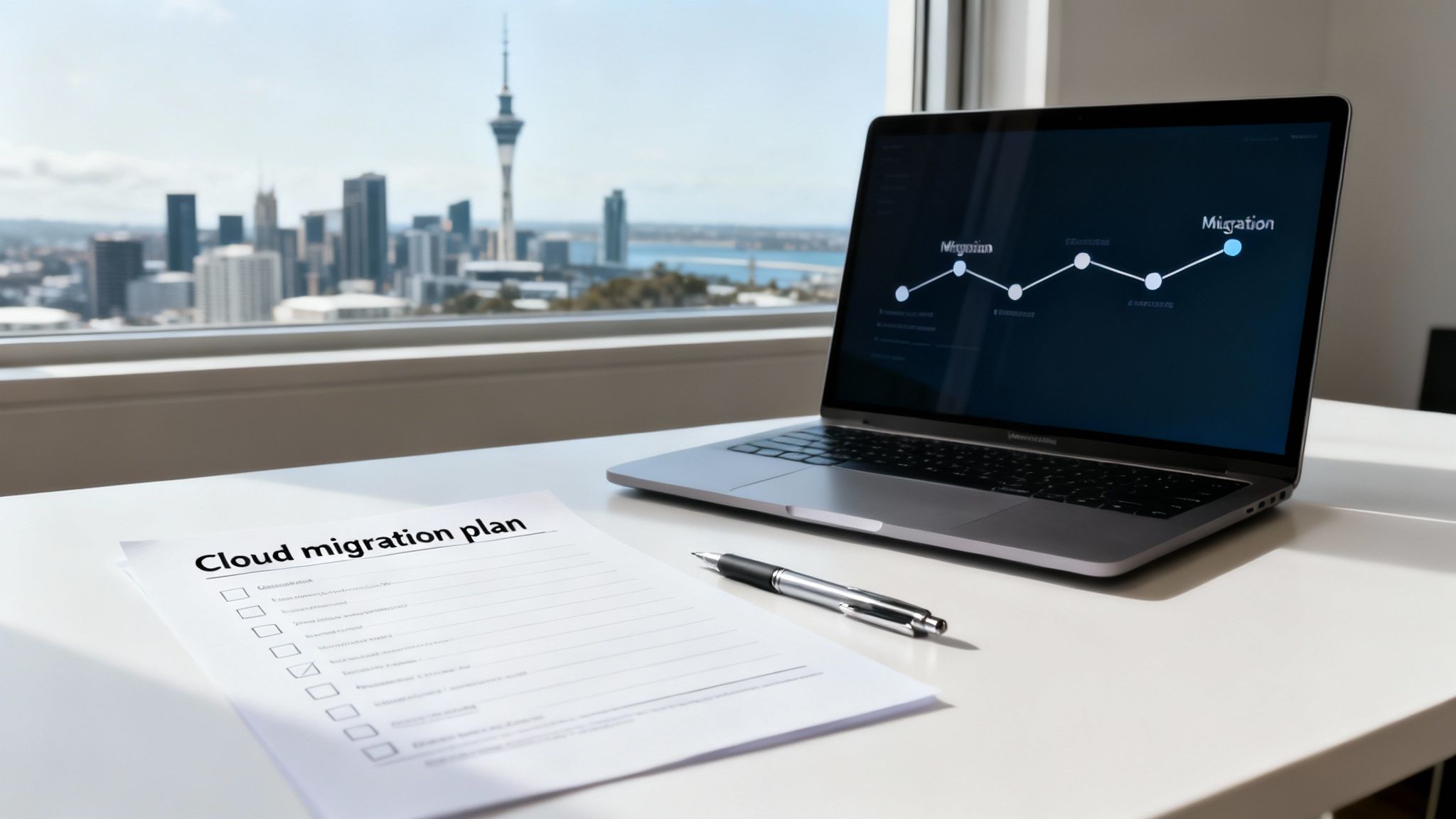 A laptop displaying a migration chart, a cloud migration plan, and a pen on a desk overlooking a city skyline.