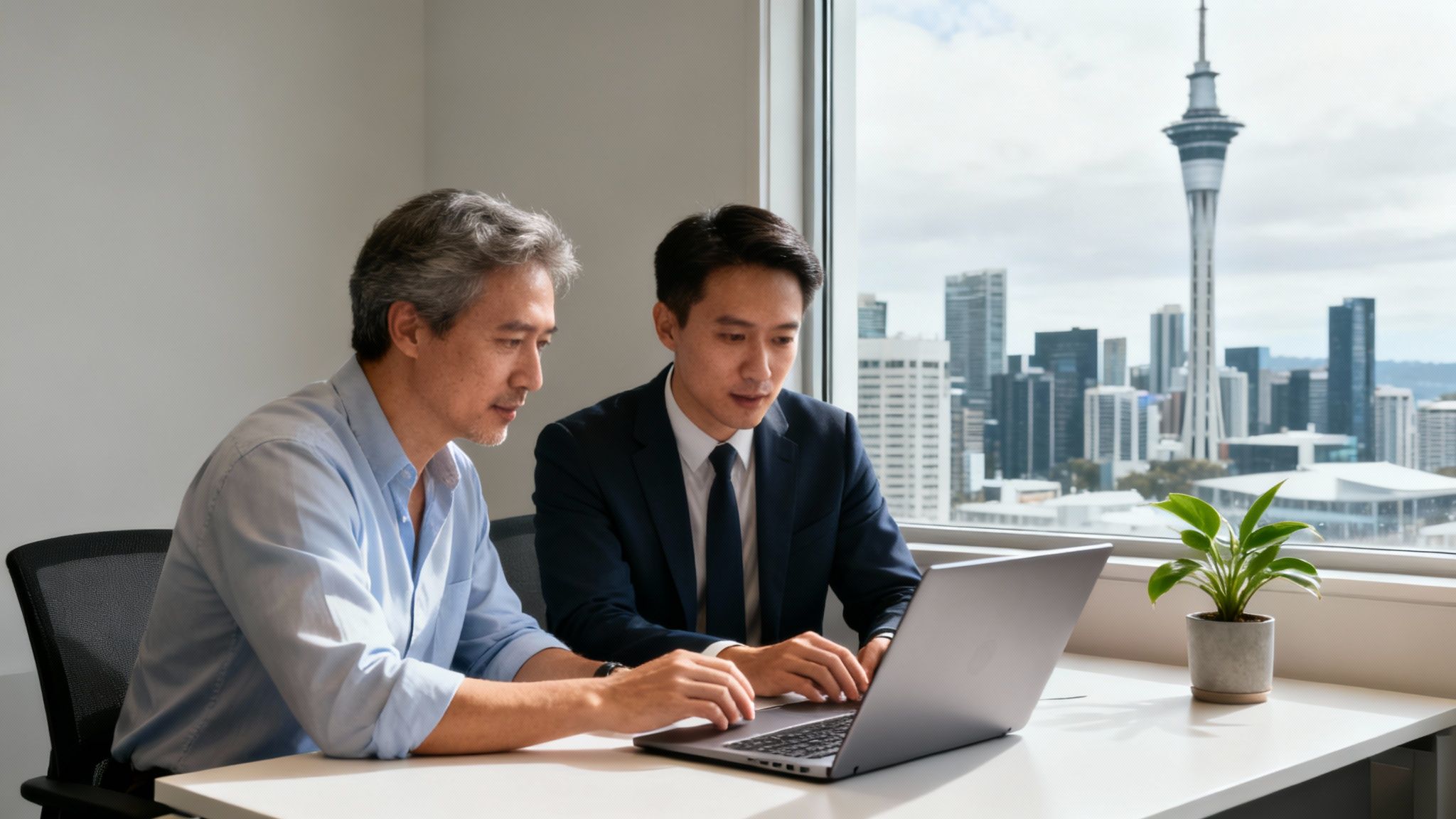 Two professional men collaborate on a laptop in a modern office with an Auckland city skyline view.
