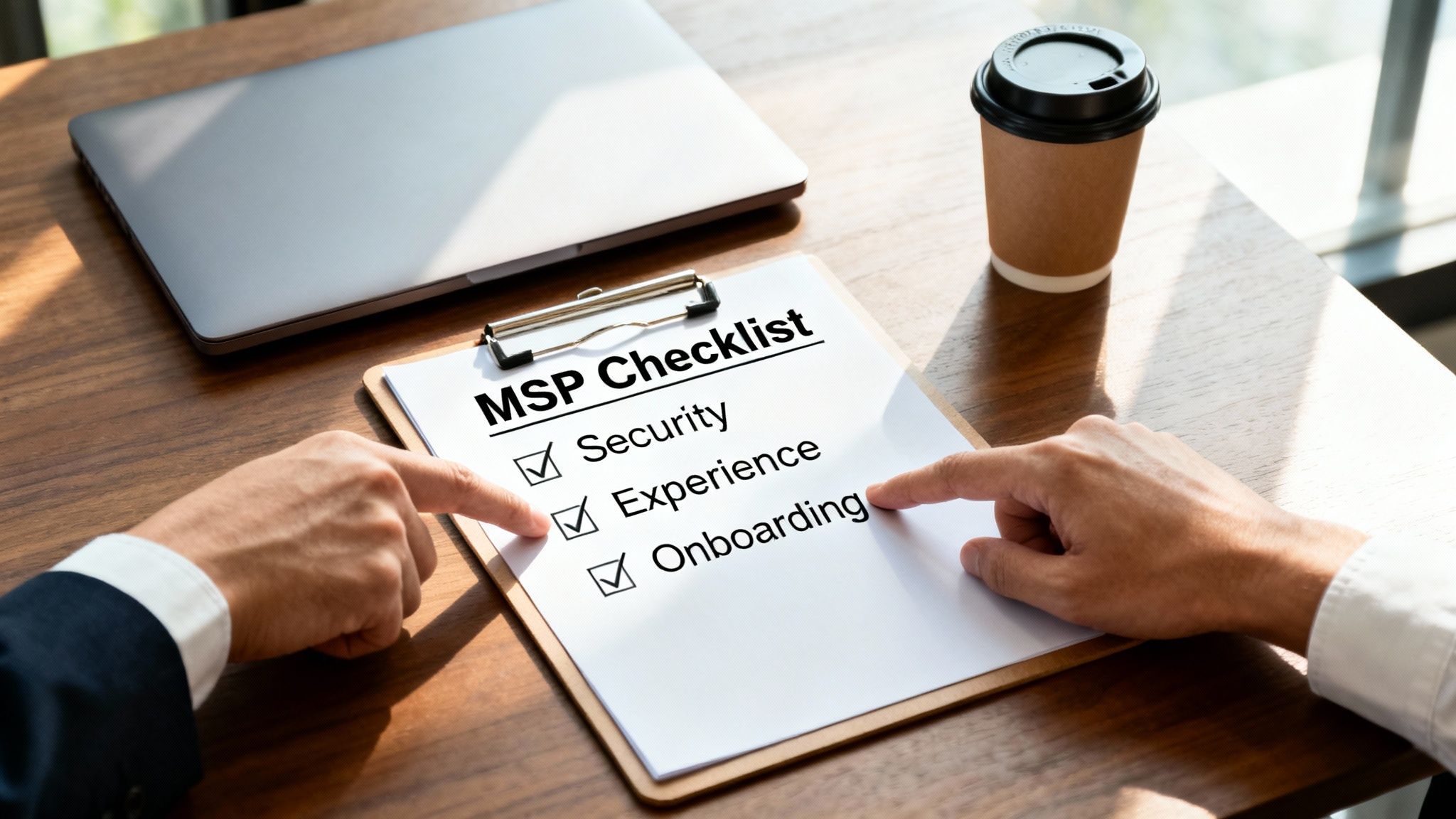 Close-up of hands reviewing an MSP Checklist on a clipboard with laptop and coffee.