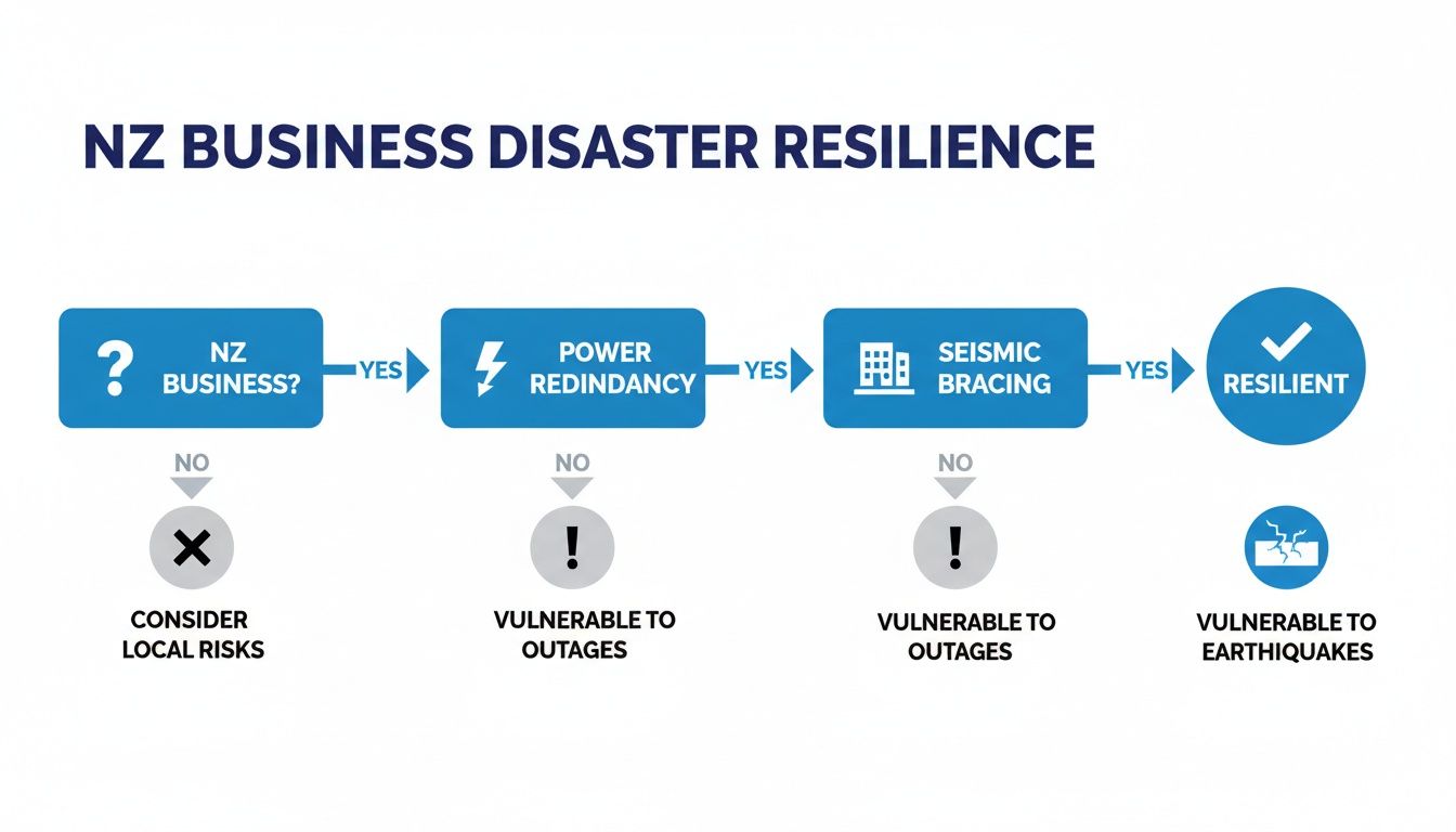 Flowchart illustrating NZ business disaster resilience, checking for power redundancy and seismic bracing to achieve resilience.