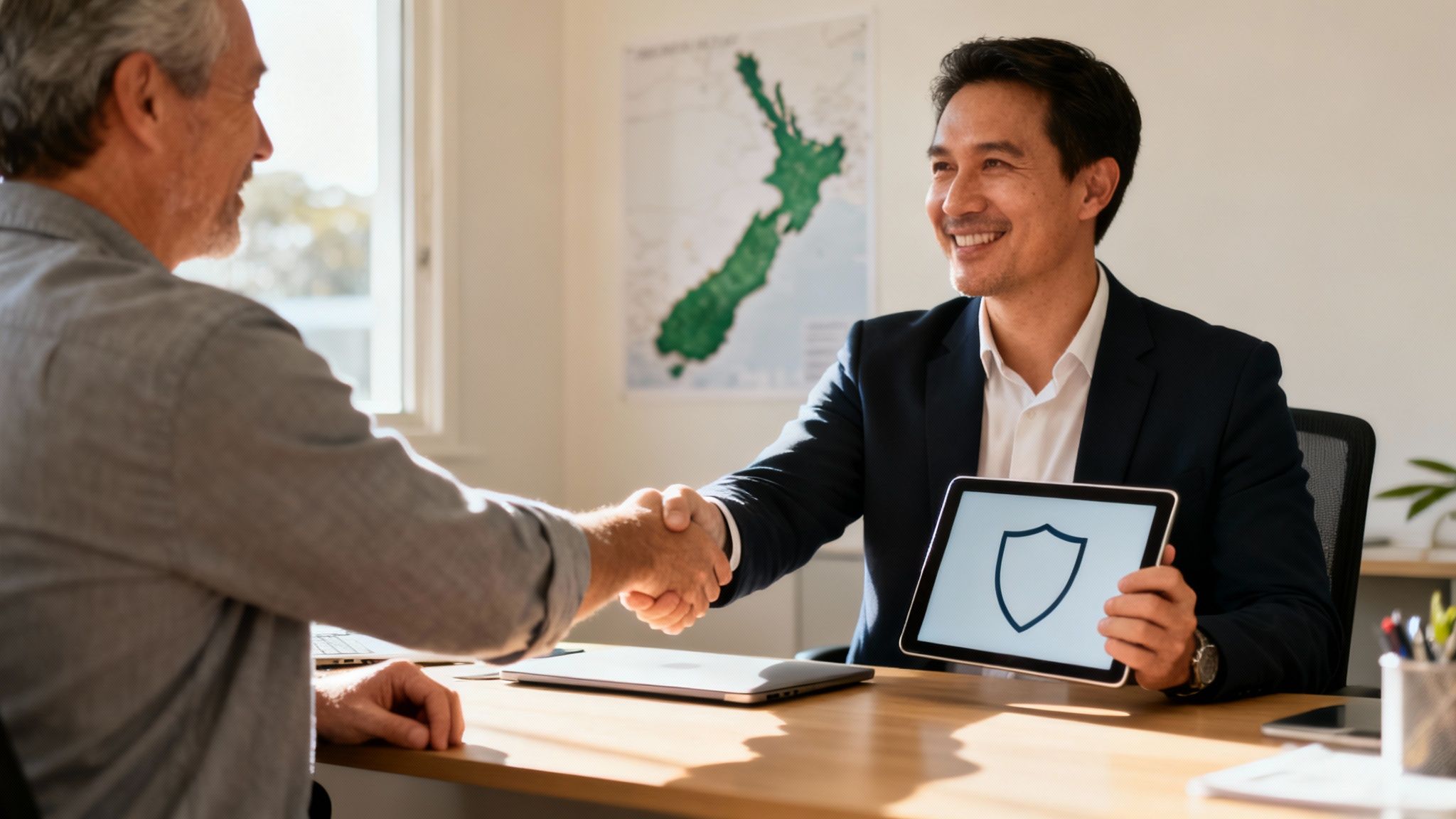 A smiling businessman shaking hands with a client, holding a tablet with a shield icon, with a New Zealand map in background.