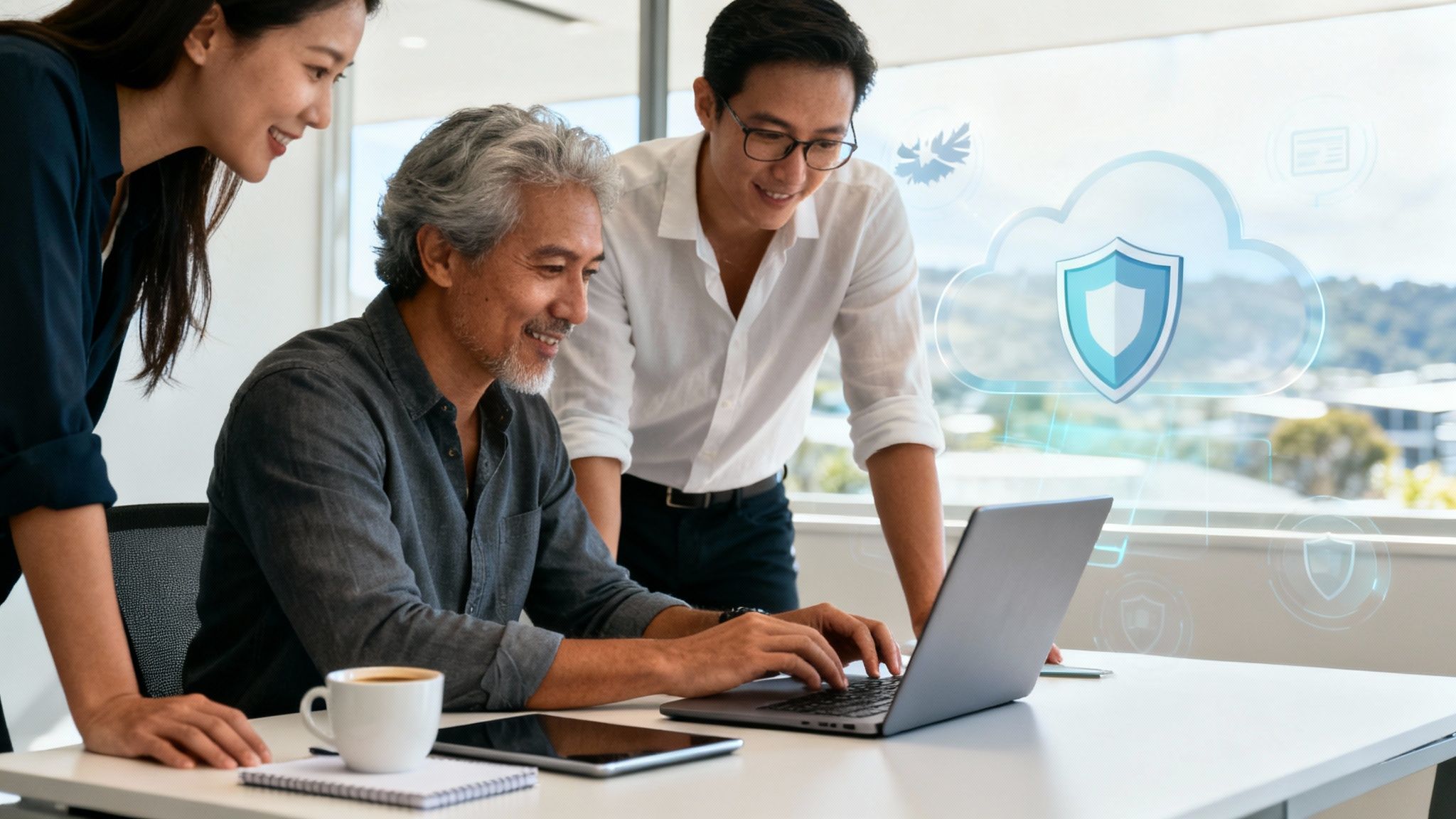 Diverse business team collaborating on a laptop, enhanced with digital cloud security icons.
