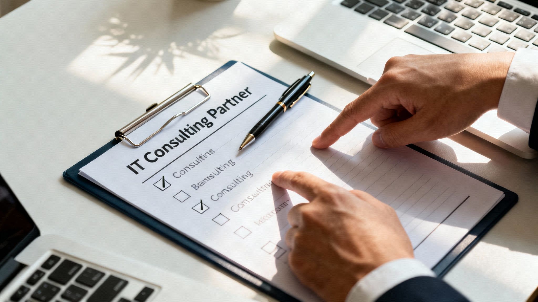 Hands reviewing an 'IT Consulting Partner' document with checkboxes for consulting services.