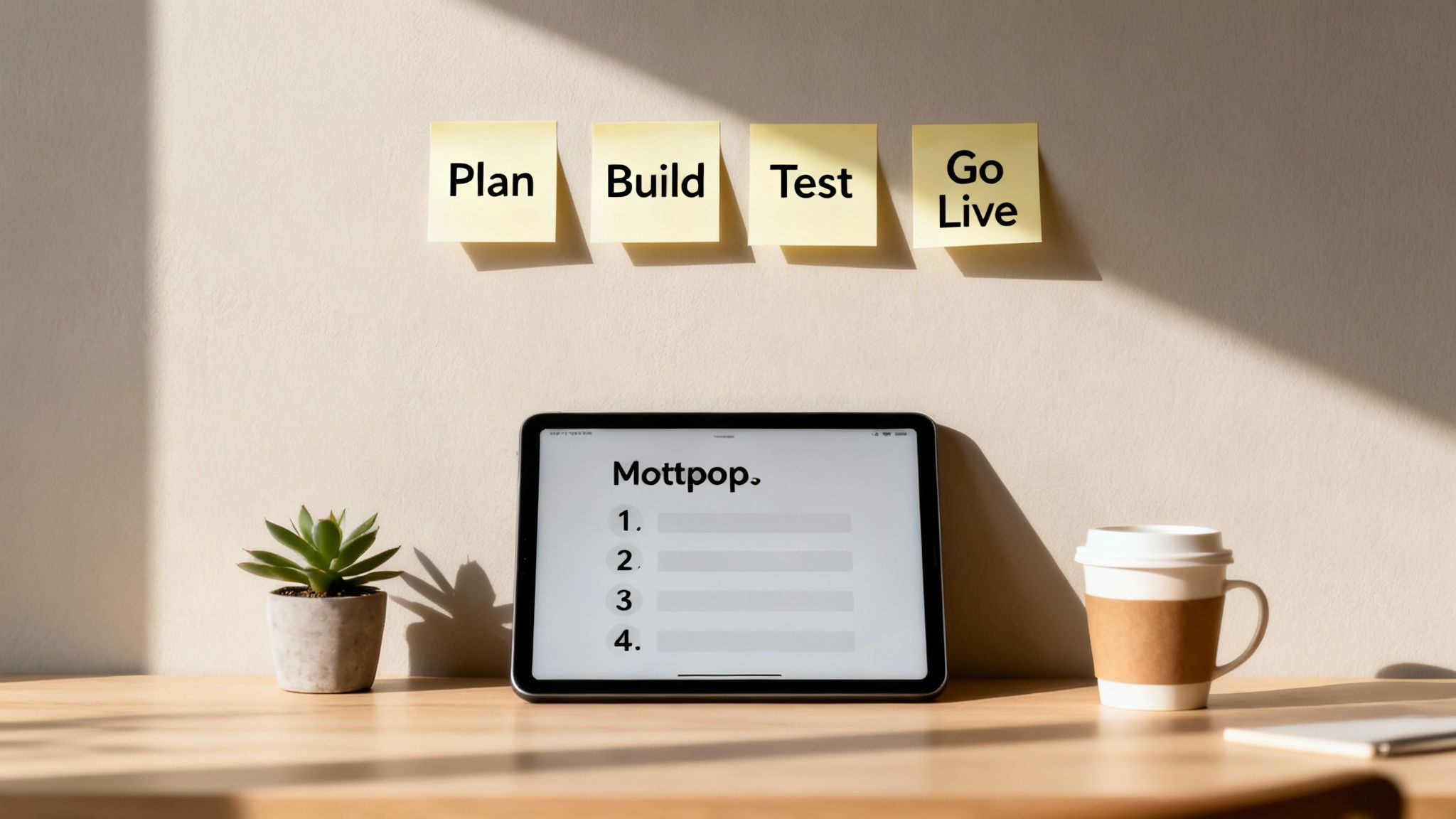 A productivity workspace with sticky notes showing project stages: Plan, Build, Test, Go Live.