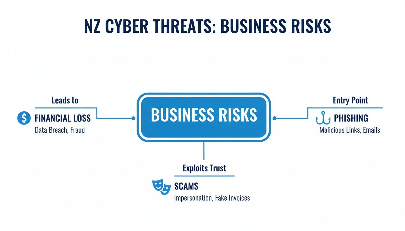 Diagram illustrating New Zealand cyber threats, showing business risks leading to financial loss, phishing and scams.