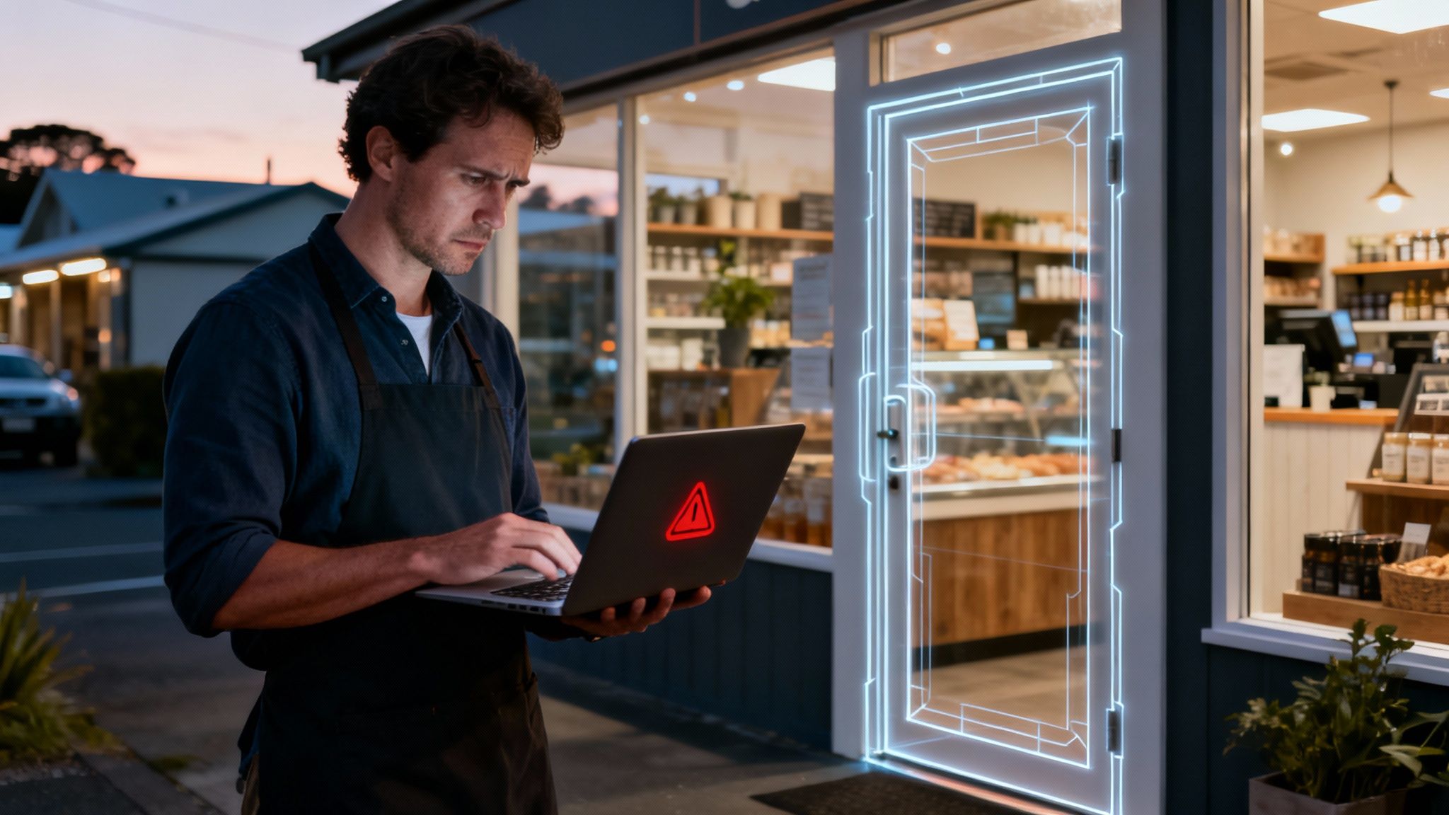 Shop owner monitoring business security on a laptop with a warning, highlighting digital door access.