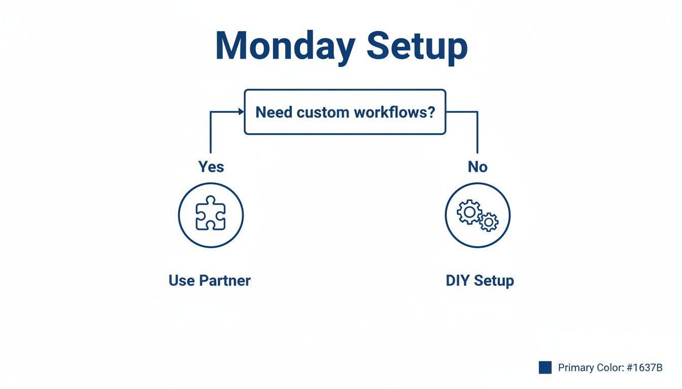 A Monday.com setup flowchart: 'Need custom workflows?' leads to 'Use Partner' (Yes) or 'DIY Setup' (No).