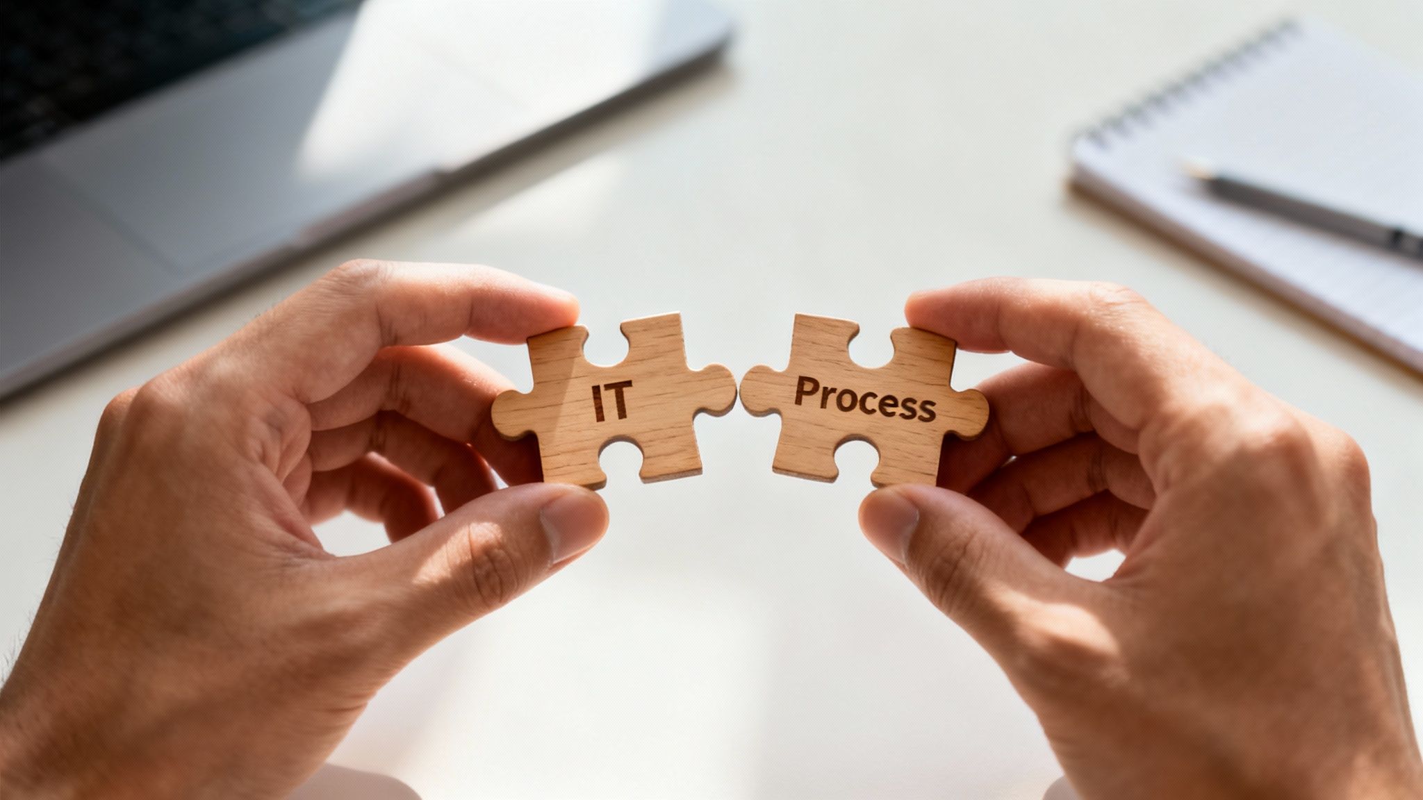 Two hands holding wooden puzzle pieces with 'IT' and 'Process' words, symbolizing connection.
