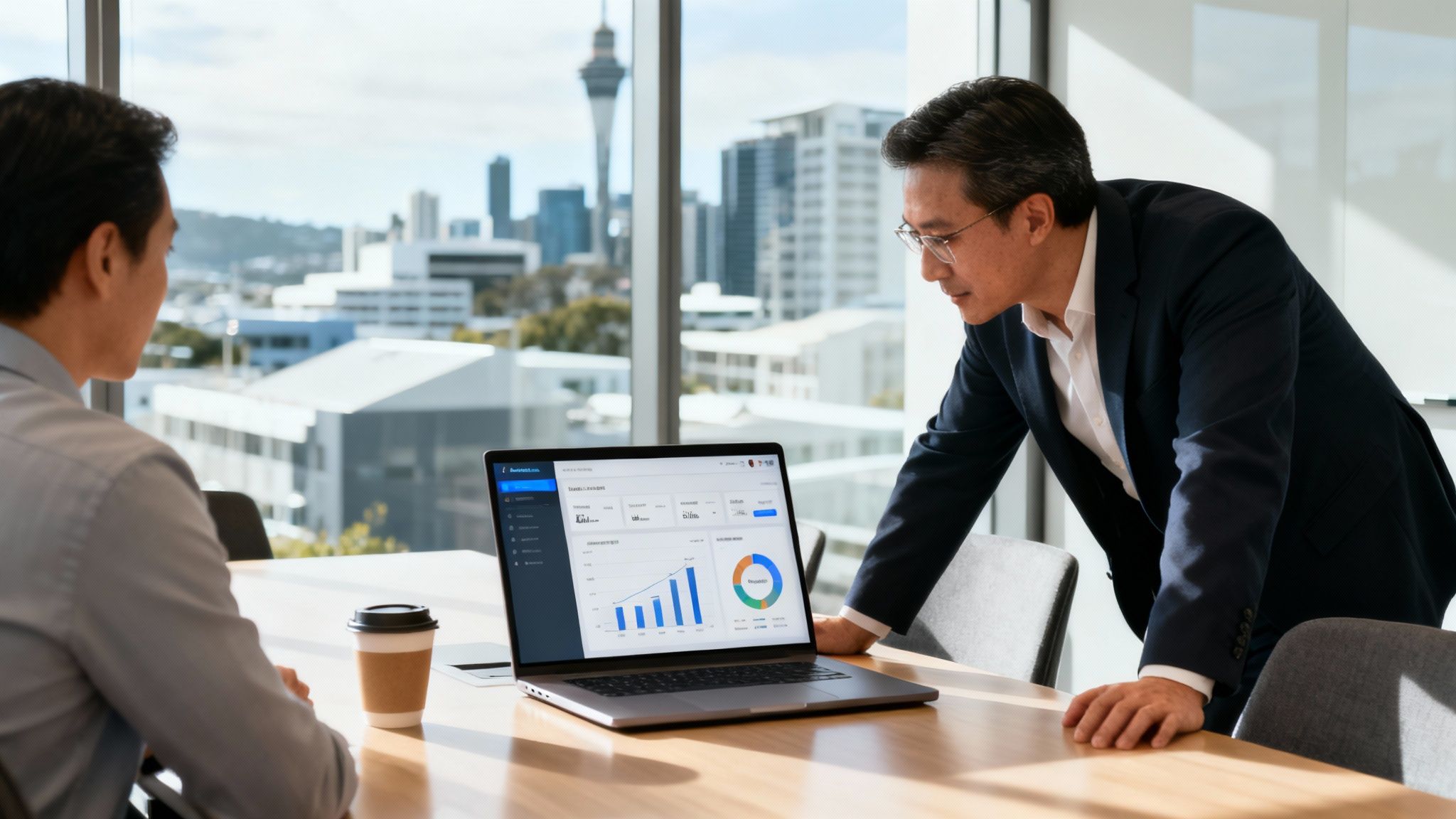 Two businessmen collaborate in a modern office, reviewing data on a laptop with a city view.