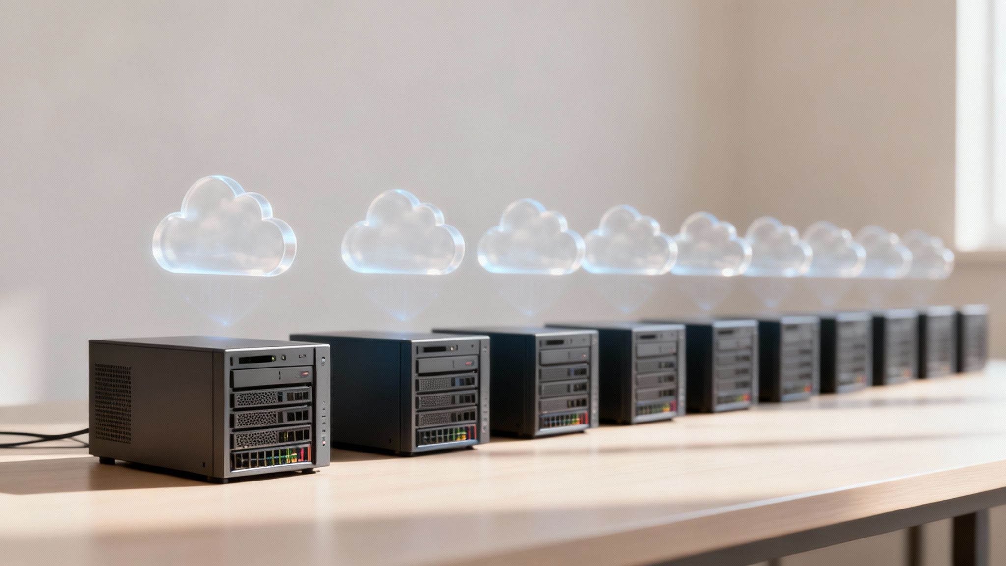 A row of server devices on a table, each connected to a glowing cloud icon, symbolizing cloud networking.