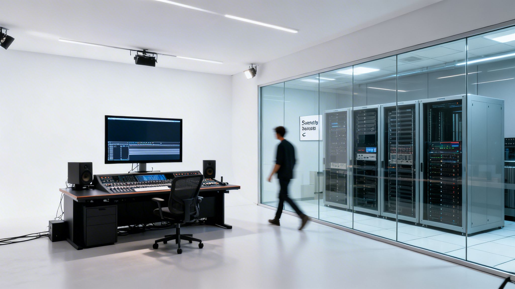 Modern audio production studio with mixing console and monitor next to a glass-enclosed server room.