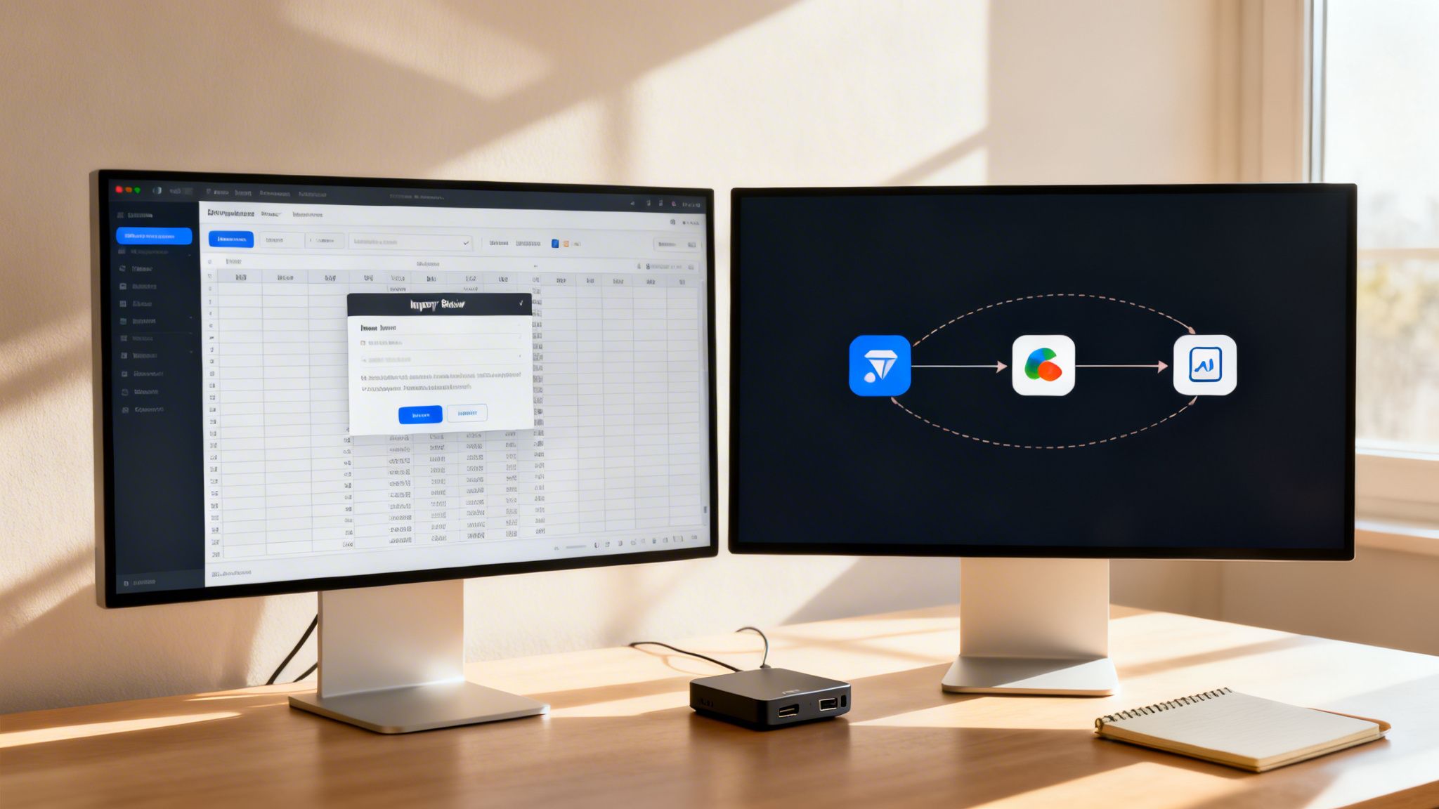 Two computer monitors on a wooden desk, one displaying data and the other a software integration flowchart.