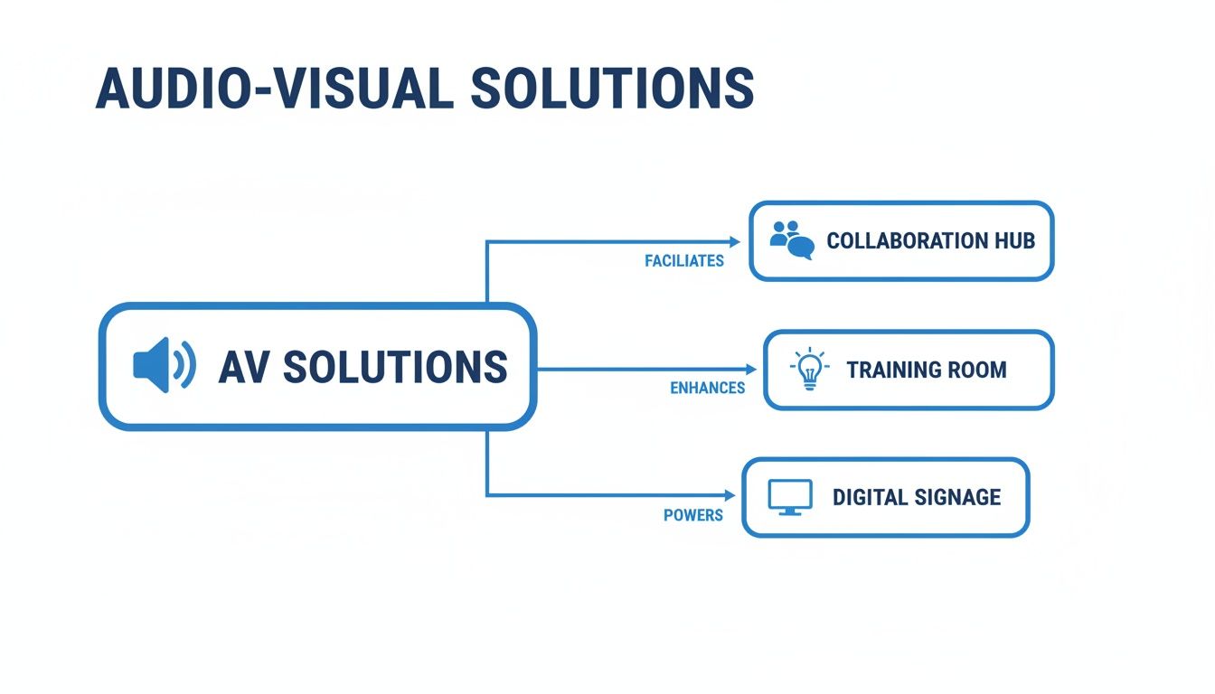 Diagram showing how AV Solutions facilitate collaboration hubs, enhance training rooms, and power digital signage.