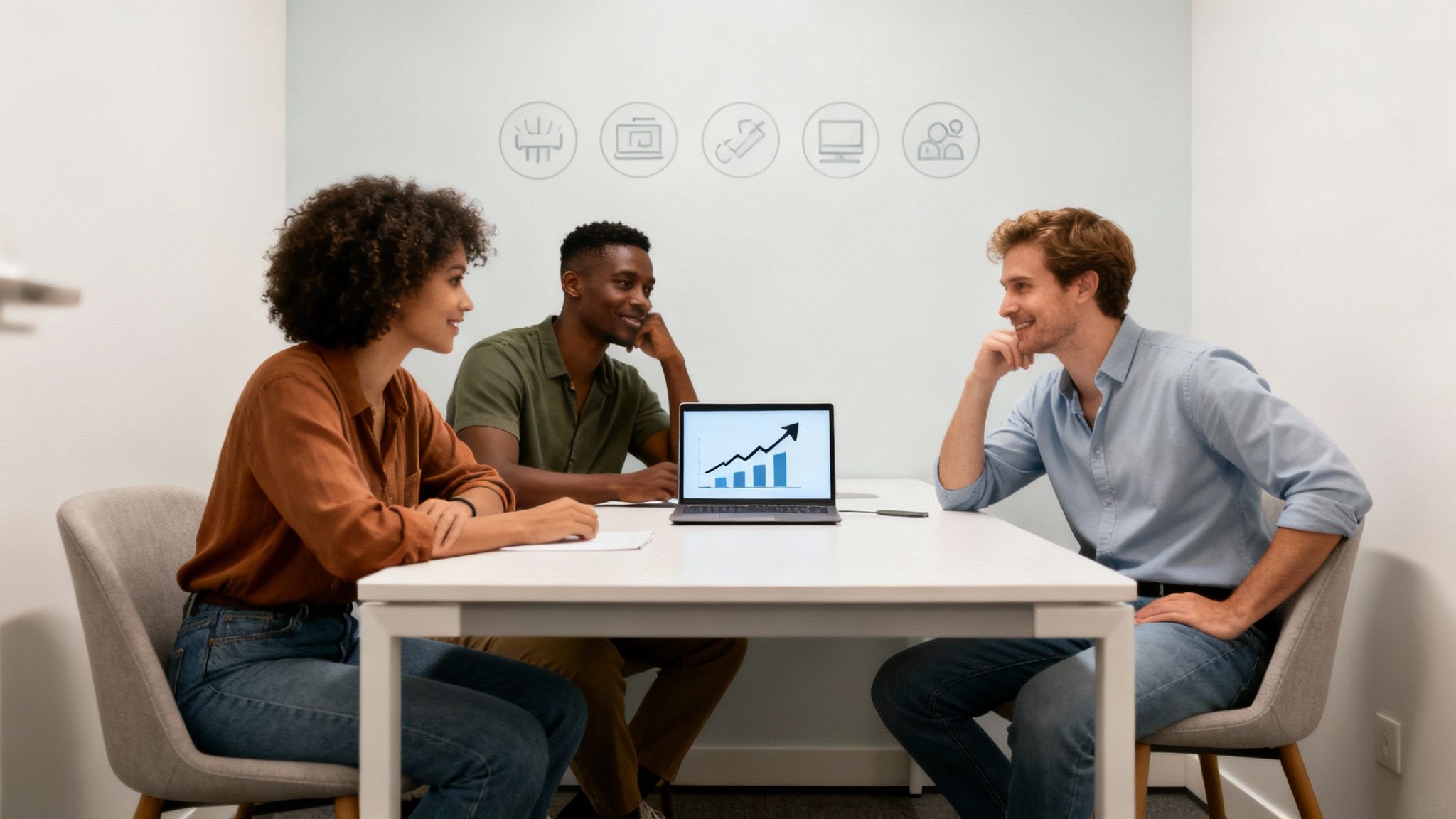 Three diverse business professionals discussing a growth chart on a laptop in a modern office.