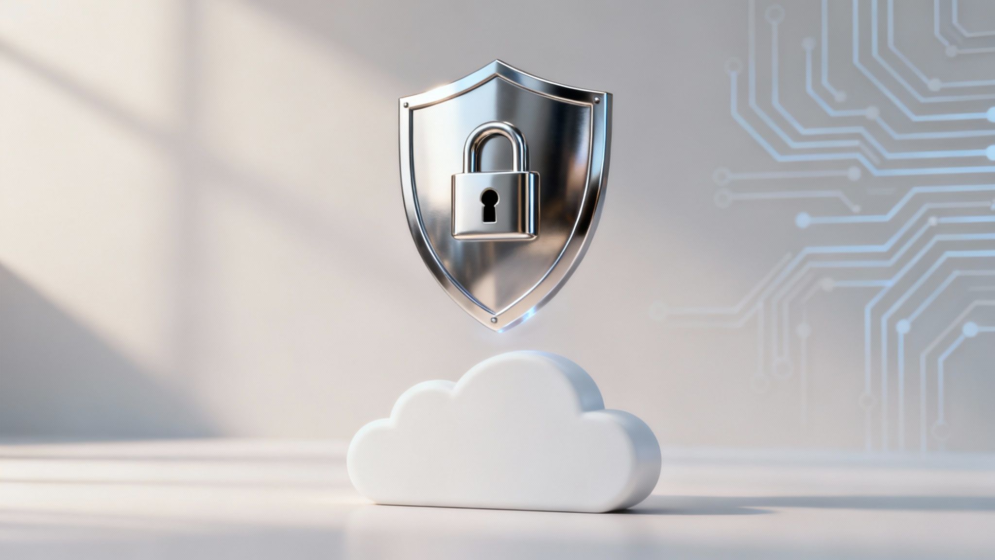 A metallic security shield with a padlock hovers over a white cloud, symbolizing cloud data protection.