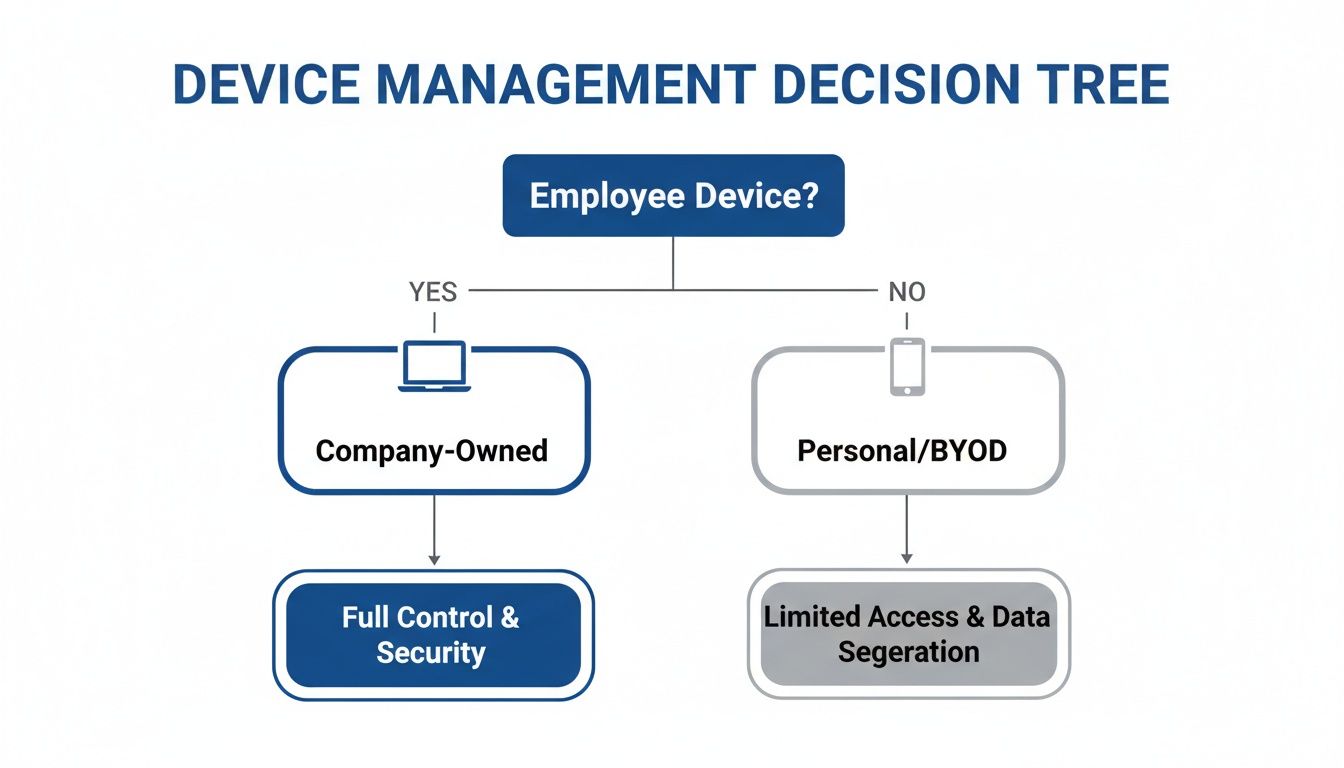 A device management decision tree illustrating policies for company-owned versus personal BYOD devices.