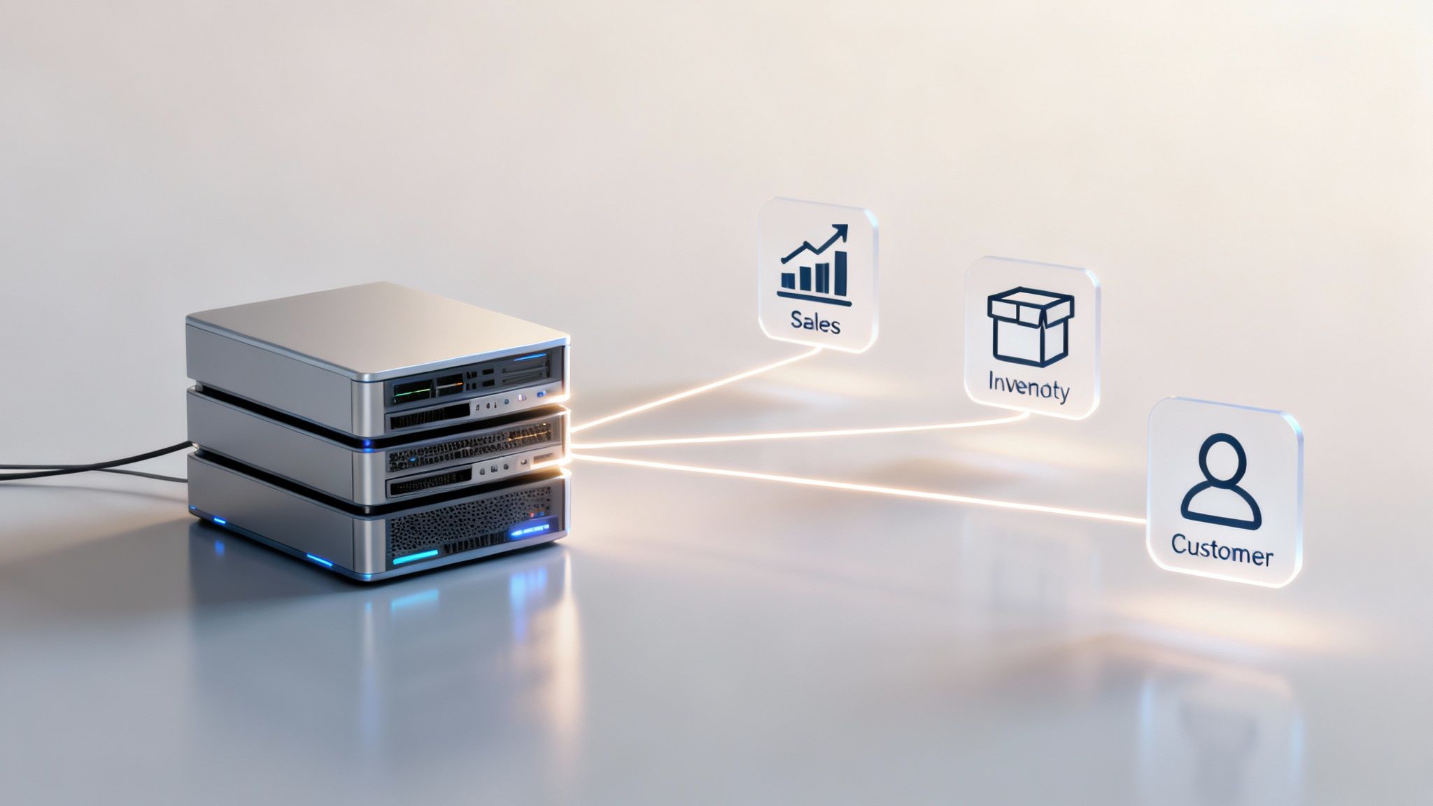 Servers connected by glowing lines to icons for Sales, Inventory, and Customer data.