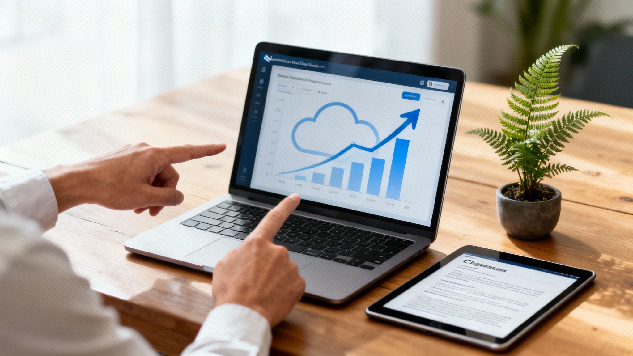 Hands pointing at a laptop displaying a cloud growth chart and a rising arrow on a wooden desk.