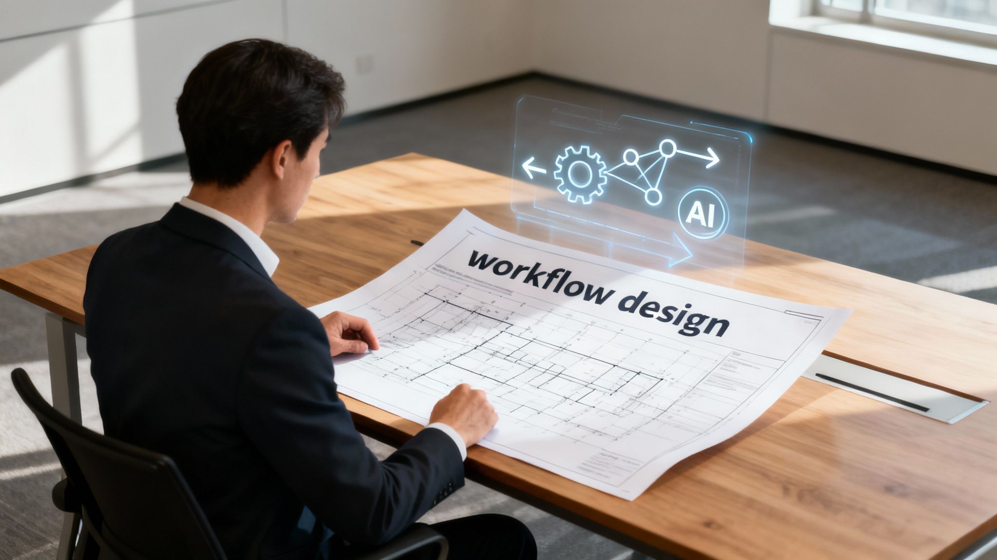 A professional reviews workflow design blueprints with an AI-powered holographic interface on a wooden desk.