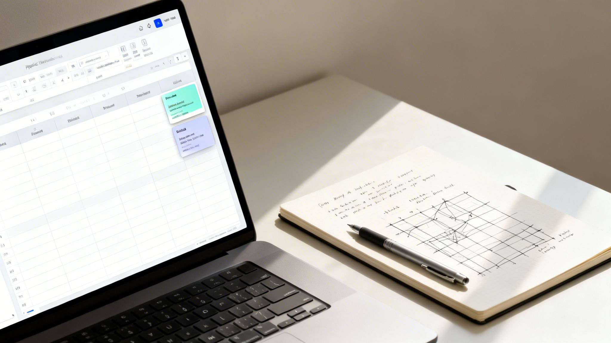 A laptop showing project management software next to a notebook with handwritten notes and a pen on a desk.