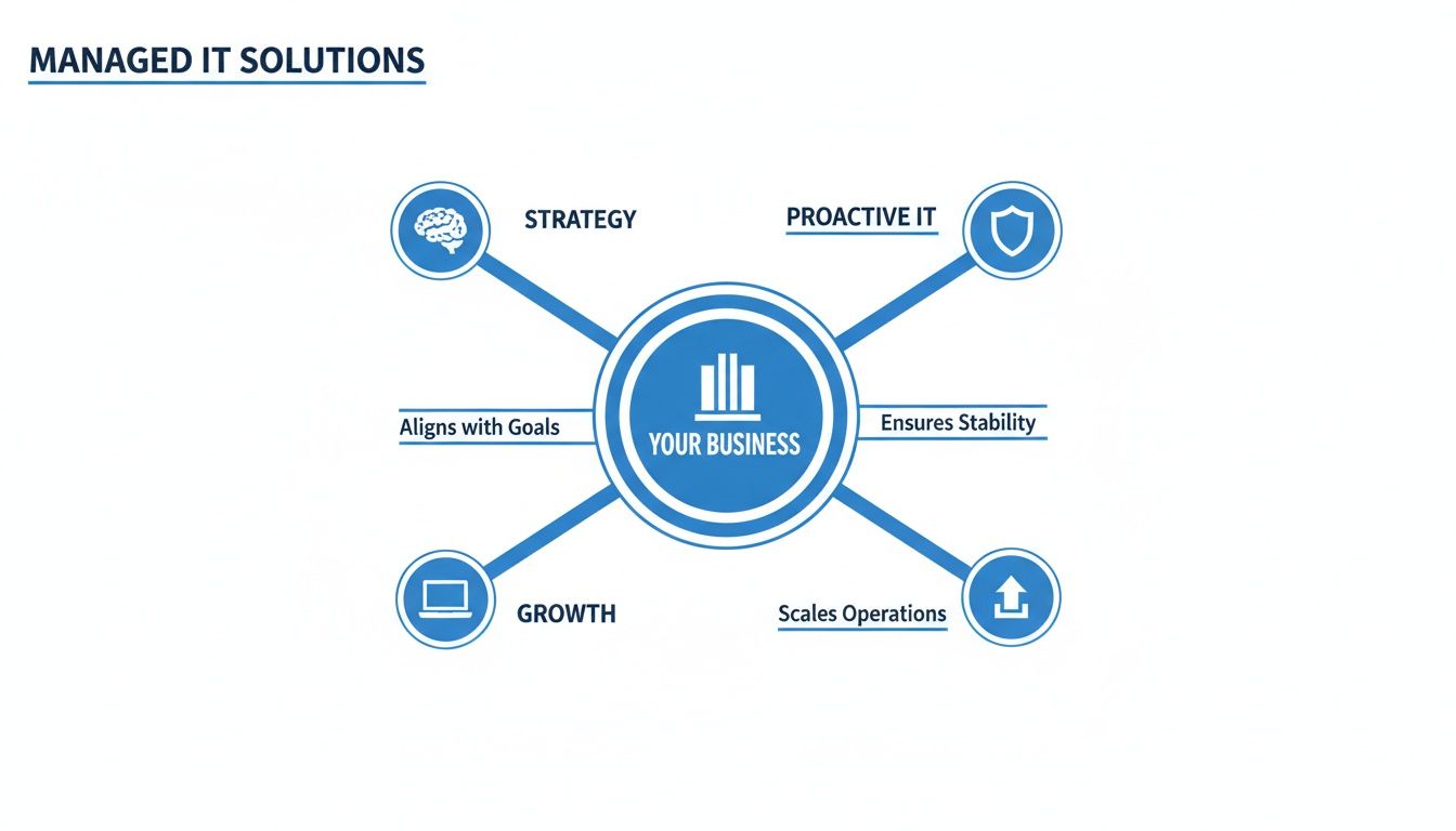 Infographic showing managed IT solutions that drive business strategy, ensure proactive IT, support growth, and scale operations.
