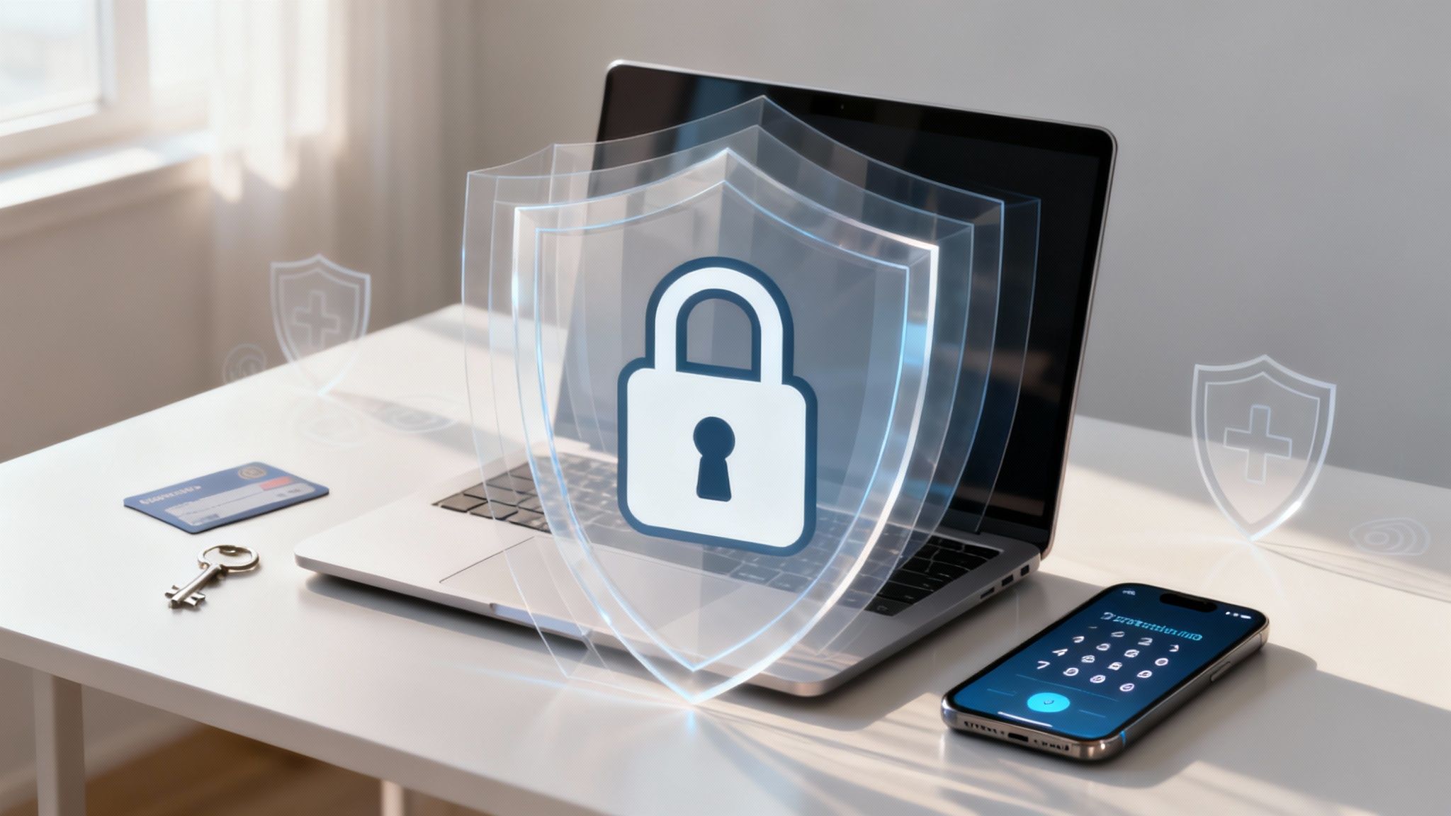 Digital security concept with a laptop, smartphone, key, and credit card, surrounded by shield and padlock icons.