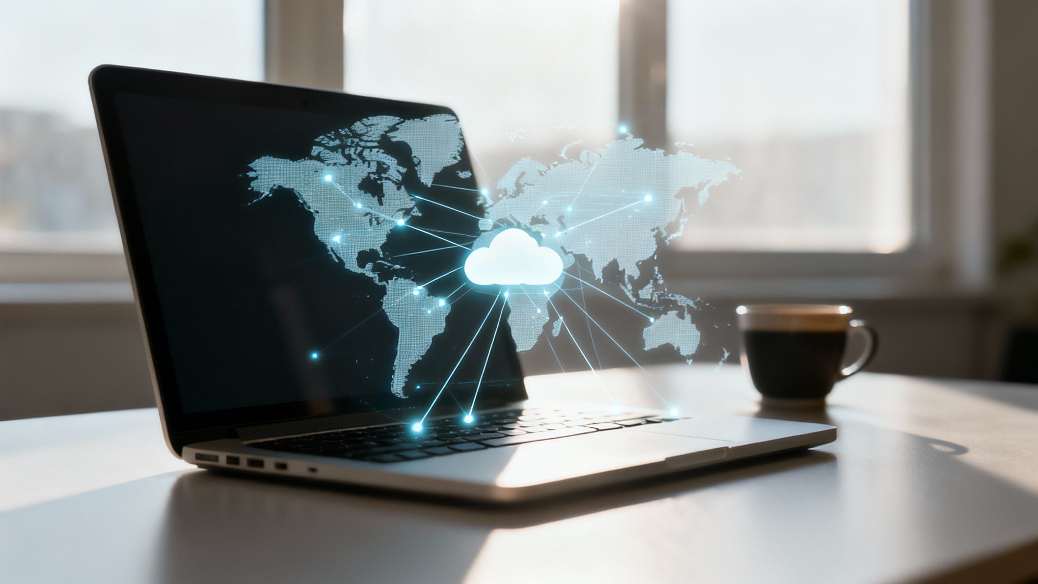 A laptop displaying a global network with a central cloud icon, symbolizing cloud networking and data transfer.