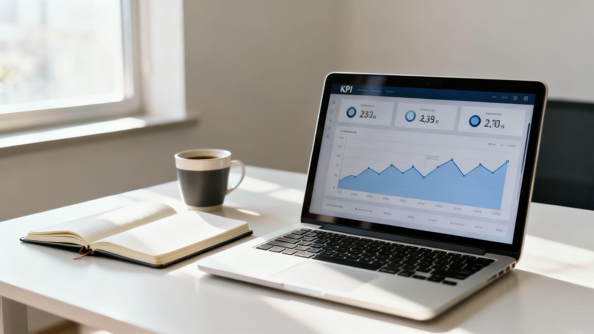 A laptop displaying a KPI dashboard with charts and data, an open notebook, and a coffee mug on a white desk.