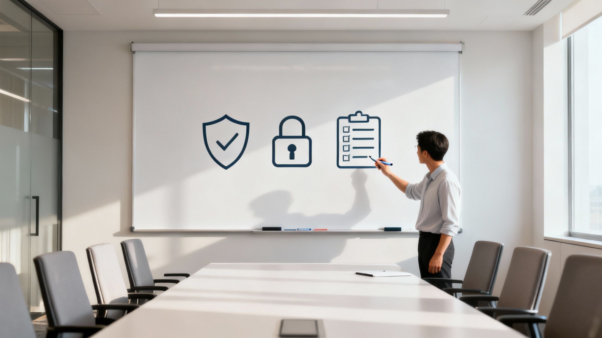 A man presenting cyber security, data privacy, and policy concepts on a whiteboard in a meeting room.