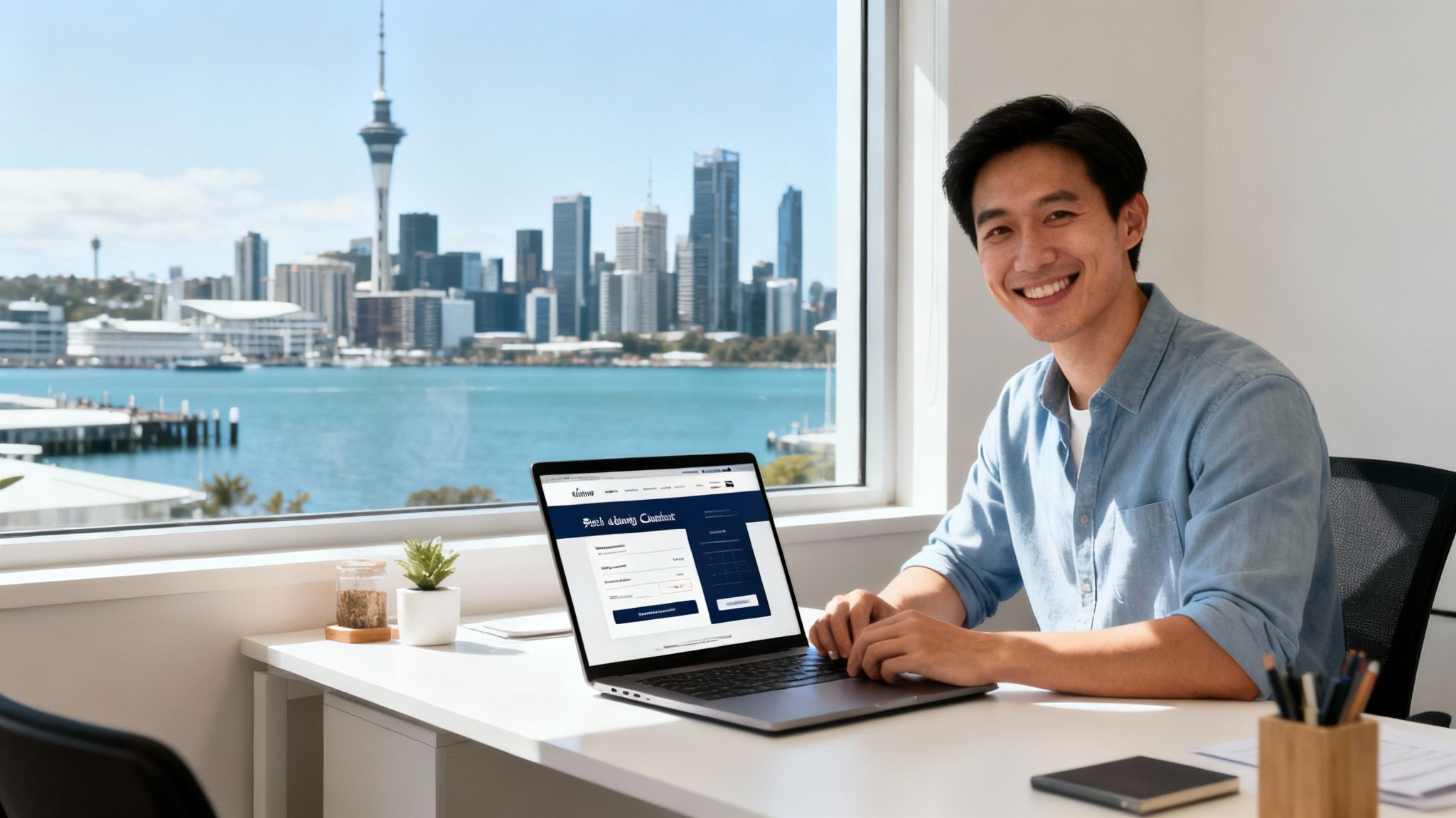 Smiling man uses laptop at desk, overlooking Auckland city skyline and harbor.