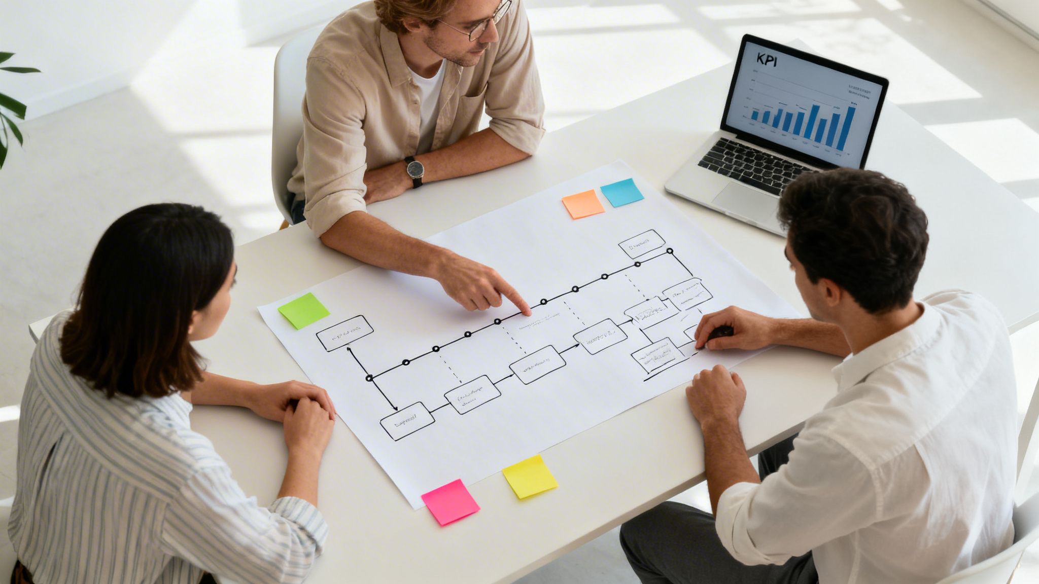 Three diverse colleagues collaborate on a detailed flowchart diagram, with a laptop showing KPI metrics.
