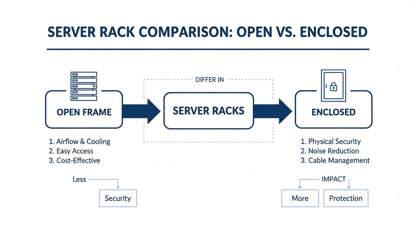 Infographic comparing open frame vs. enclosed server racks, detailing benefits like cooling, security, and noise reduction.