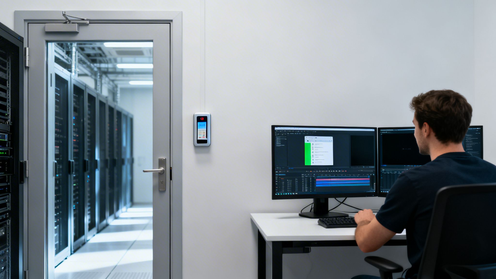 Man working on dual monitors in an office, with a server room visible through a glass door.