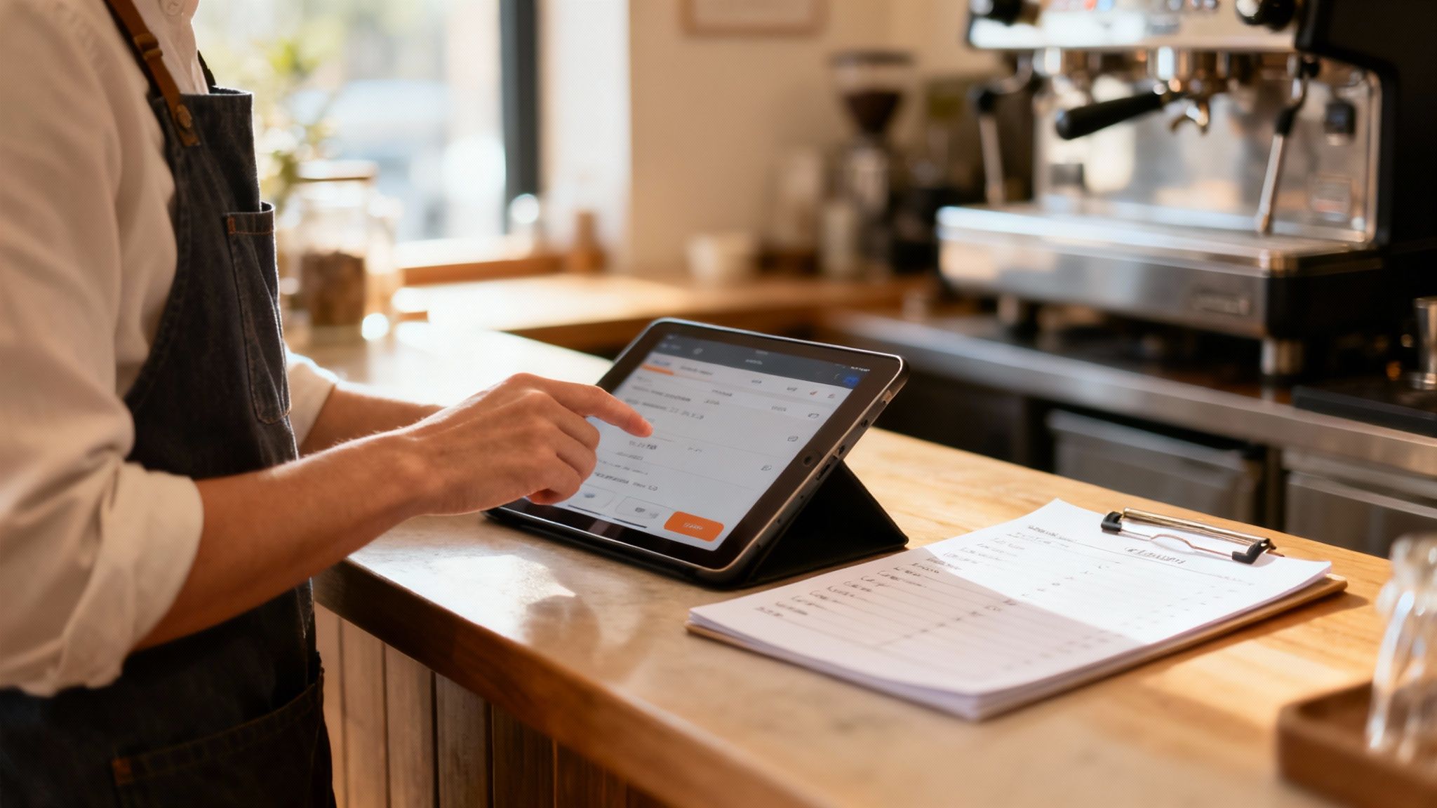 A barista in an apron uses a tablet to manage orders on a cafe counter, showcasing modern technology.