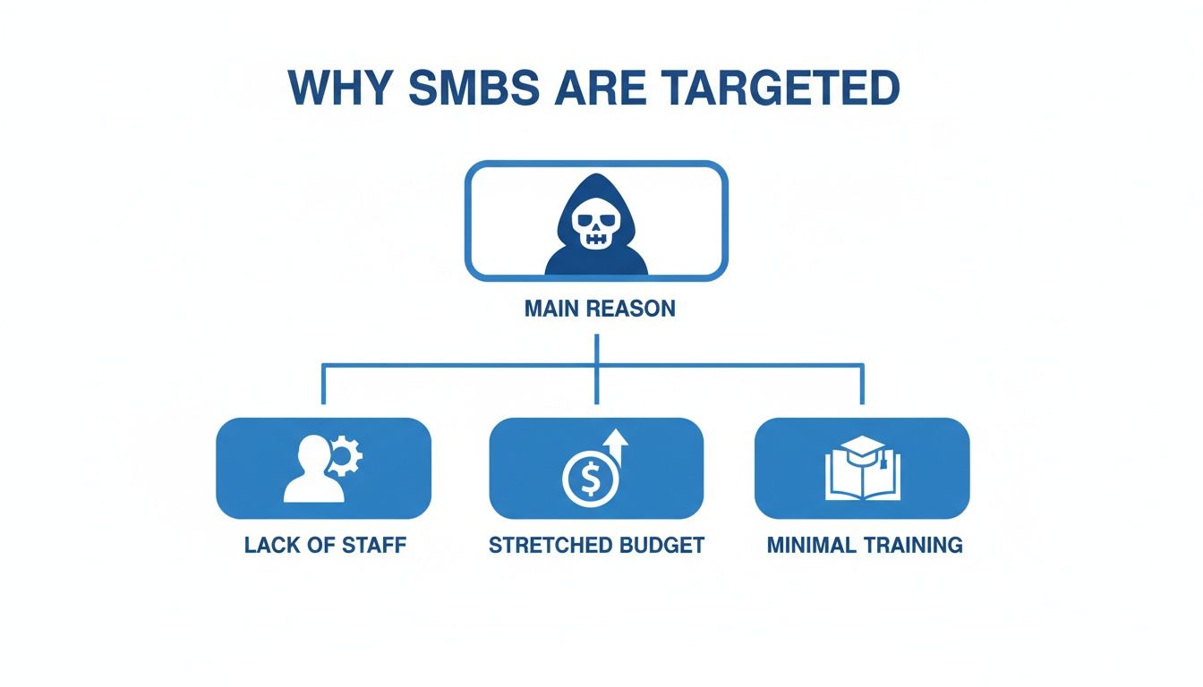 Infographic explaining why SMBs are targeted: main reason (threats), lack of staff, stretched budget, and minimal training.