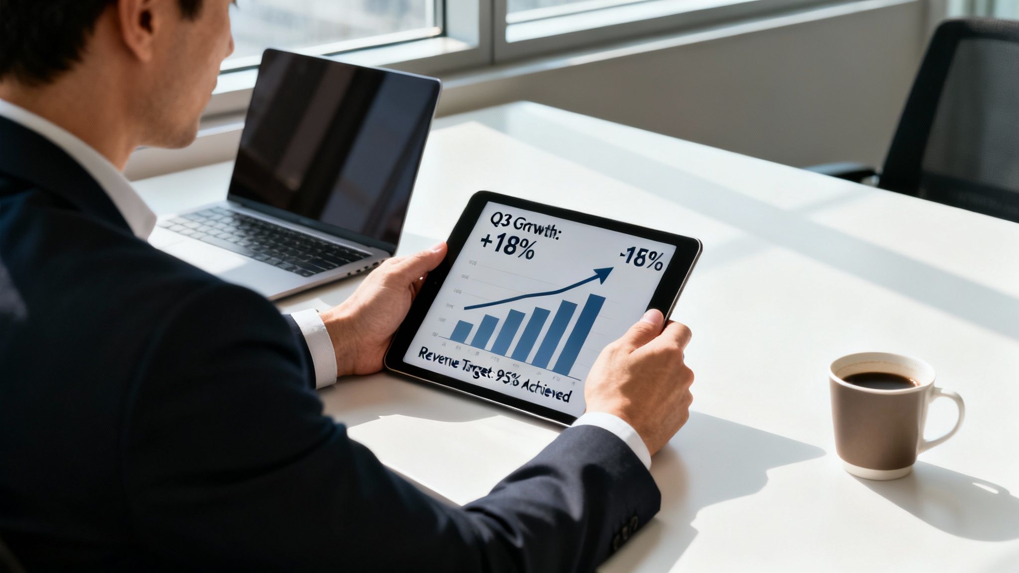 Businessman analyzing Q3 growth data and revenue target on a tablet at a desk.