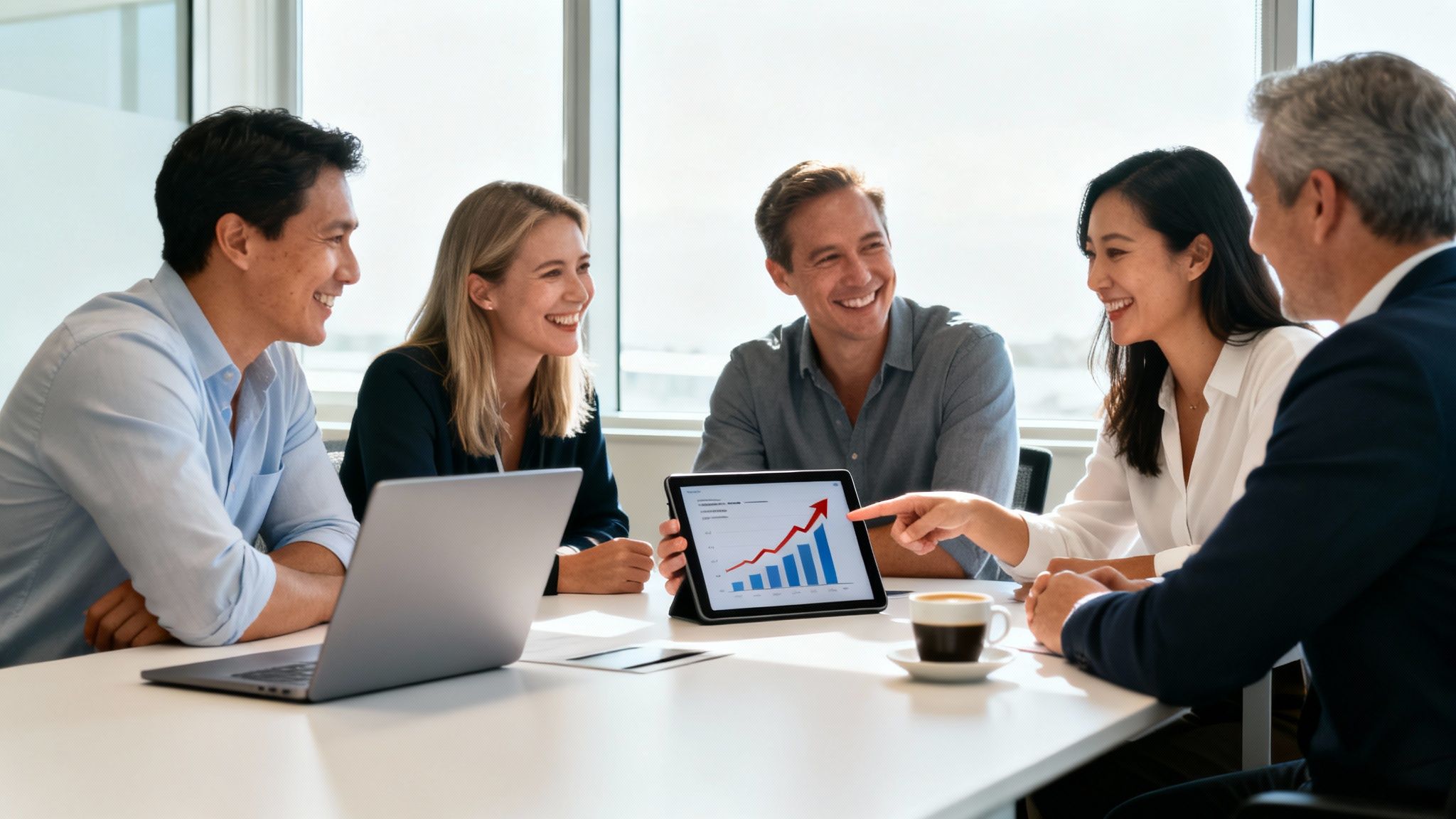 Smiling business professionals collaborate in a meeting, viewing a growth chart on a tablet.