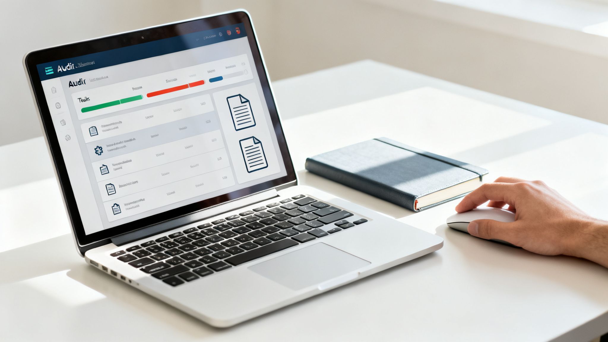 Hand using a mouse next to a laptop displaying a digital audit dashboard with tasks and documents on a white desk.