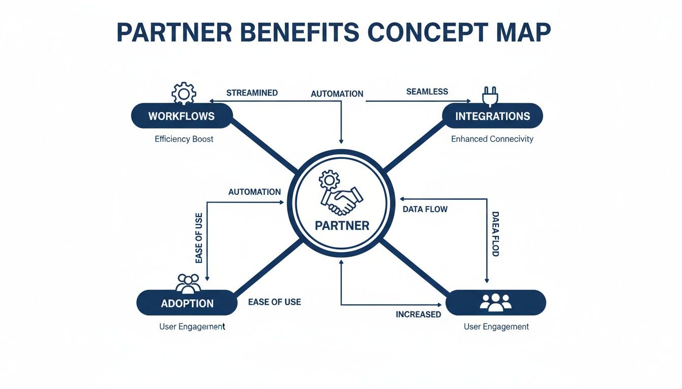 A concept map illustrating the benefits for a partner, detailing workflows, integrations, adoption, and user engagement.