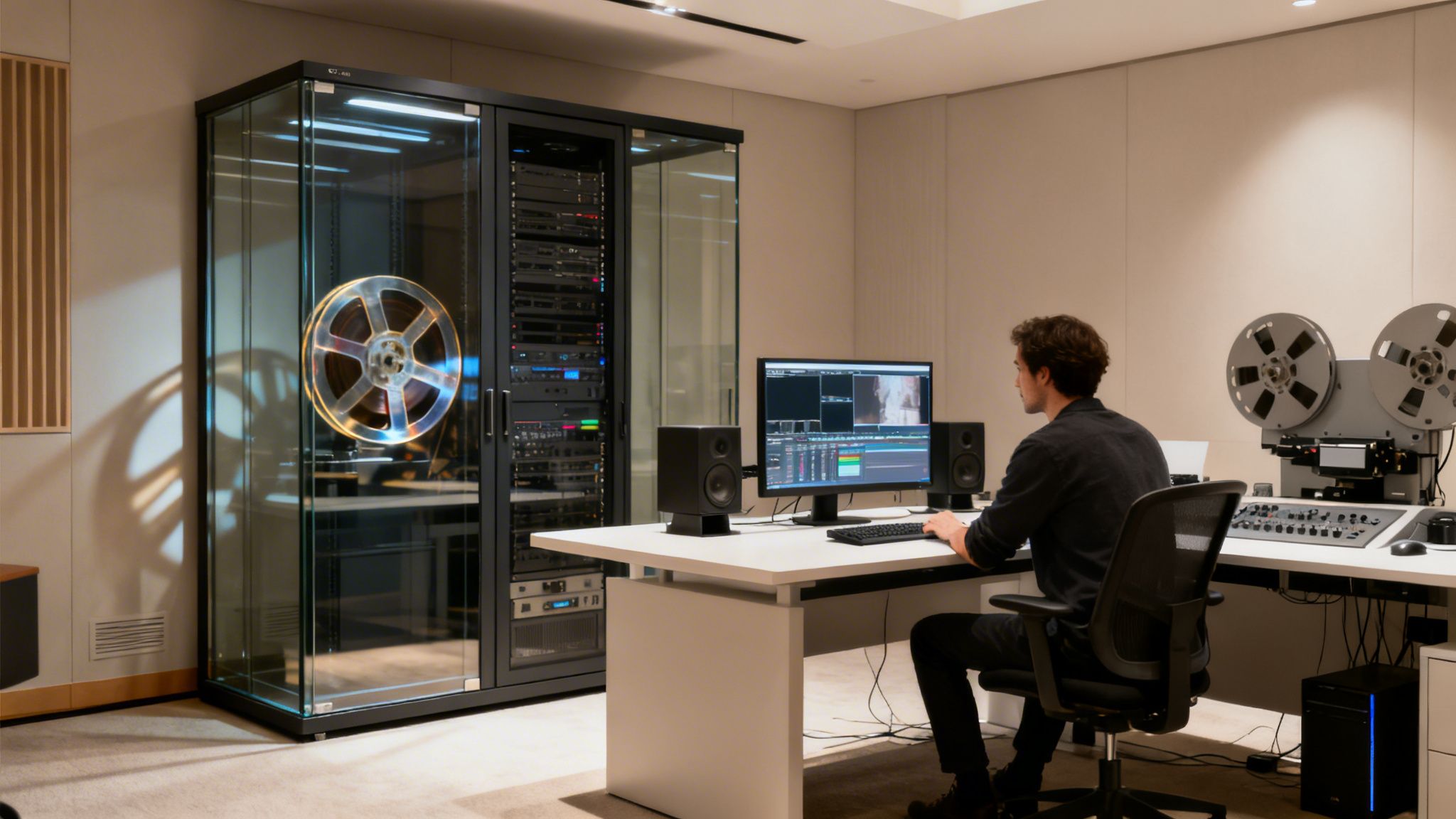 A man edits video in a professional studio with server racks, a tape machine, and a glowing film reel.