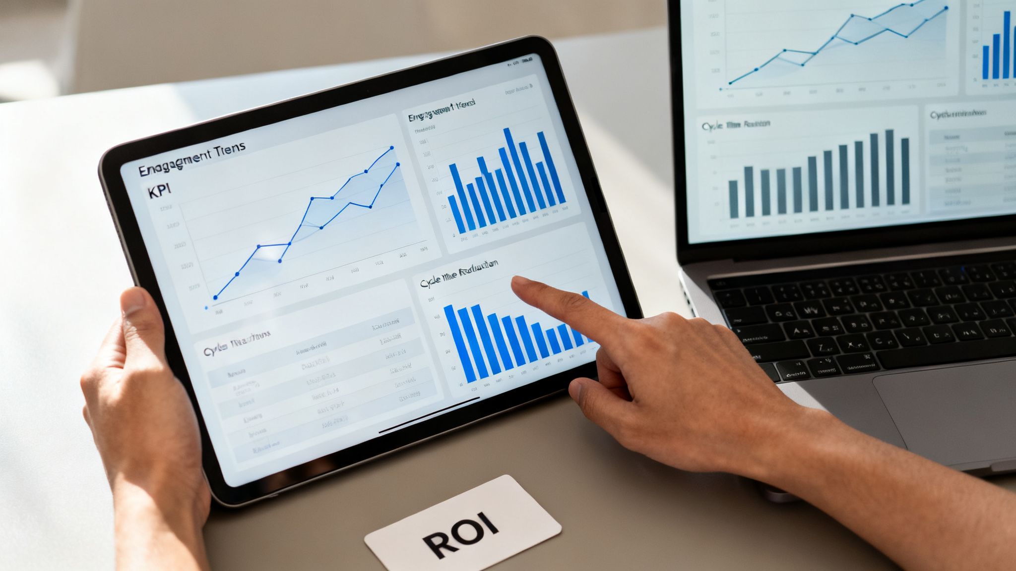 Hands analyzing business data on a tablet with various charts and graphs, next to a laptop and an ROI card.