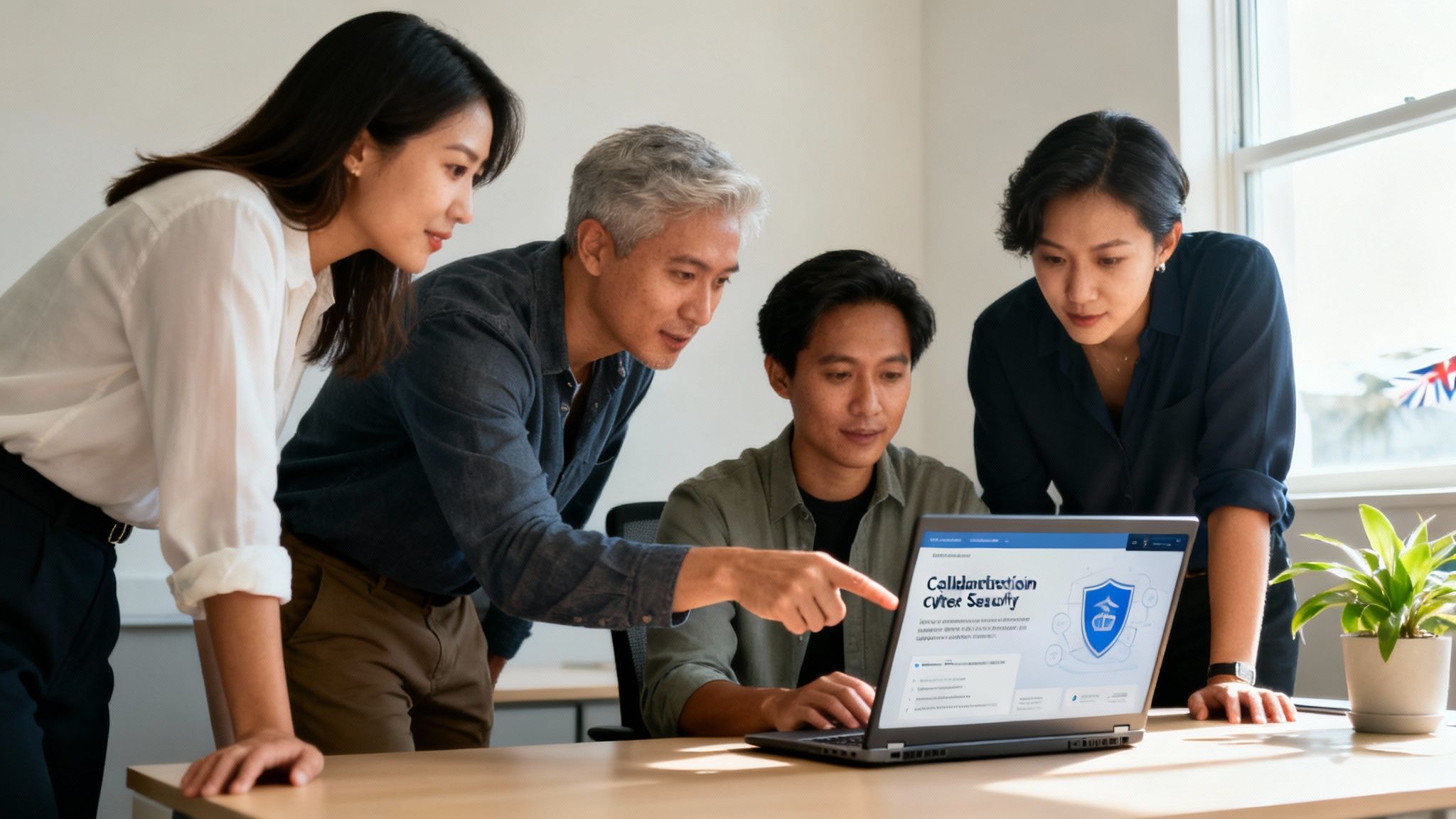 Four diverse colleagues collaborating on a laptop displaying a cyber security presentation in an office.